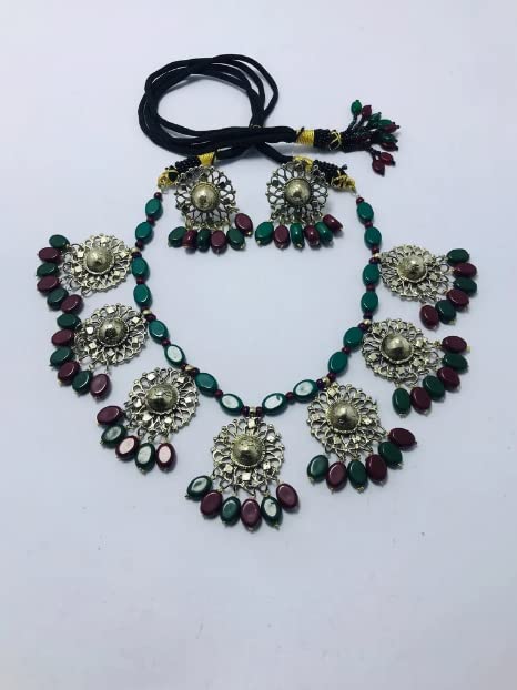 Handmade Beaded Stone Motifs Choker Necklace with Matching Earrings Set | Traditional Afghani Jewelry | Perfect for Weddings, Parties & Ethnic Fashion
