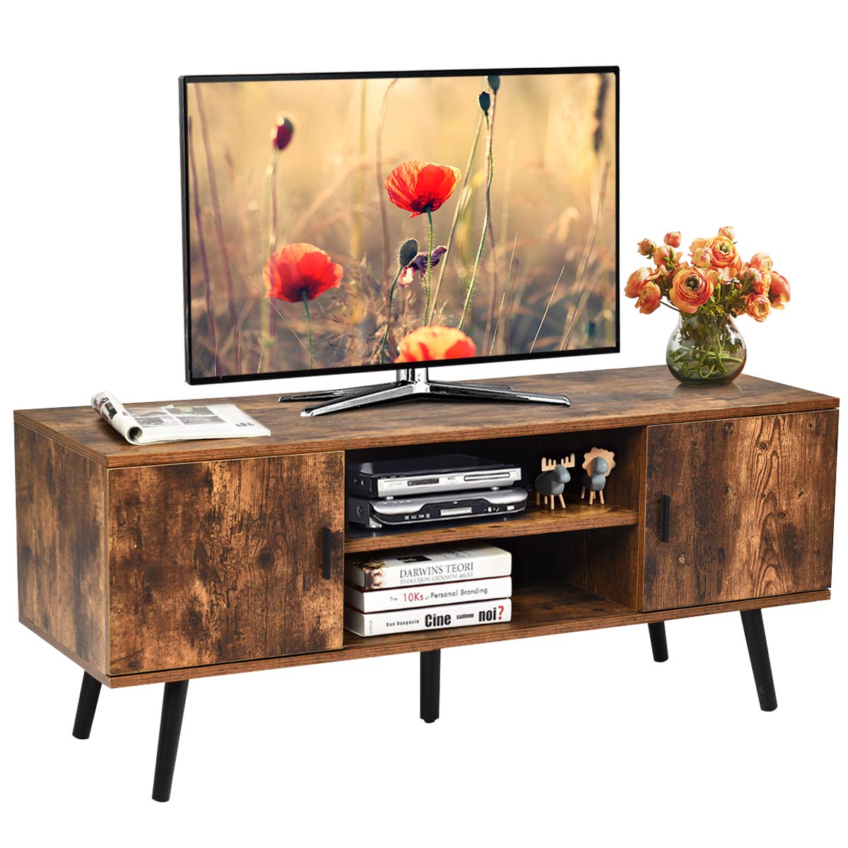 Tangkula 55 Inch TV Stand with 2 Cabinets & 2 Open Shelves - Mid Century Modern Wood Entertainment Center for Living Room, Rustic Brown - Perfect for Boho, Farmhouse & Rustic Home Decor