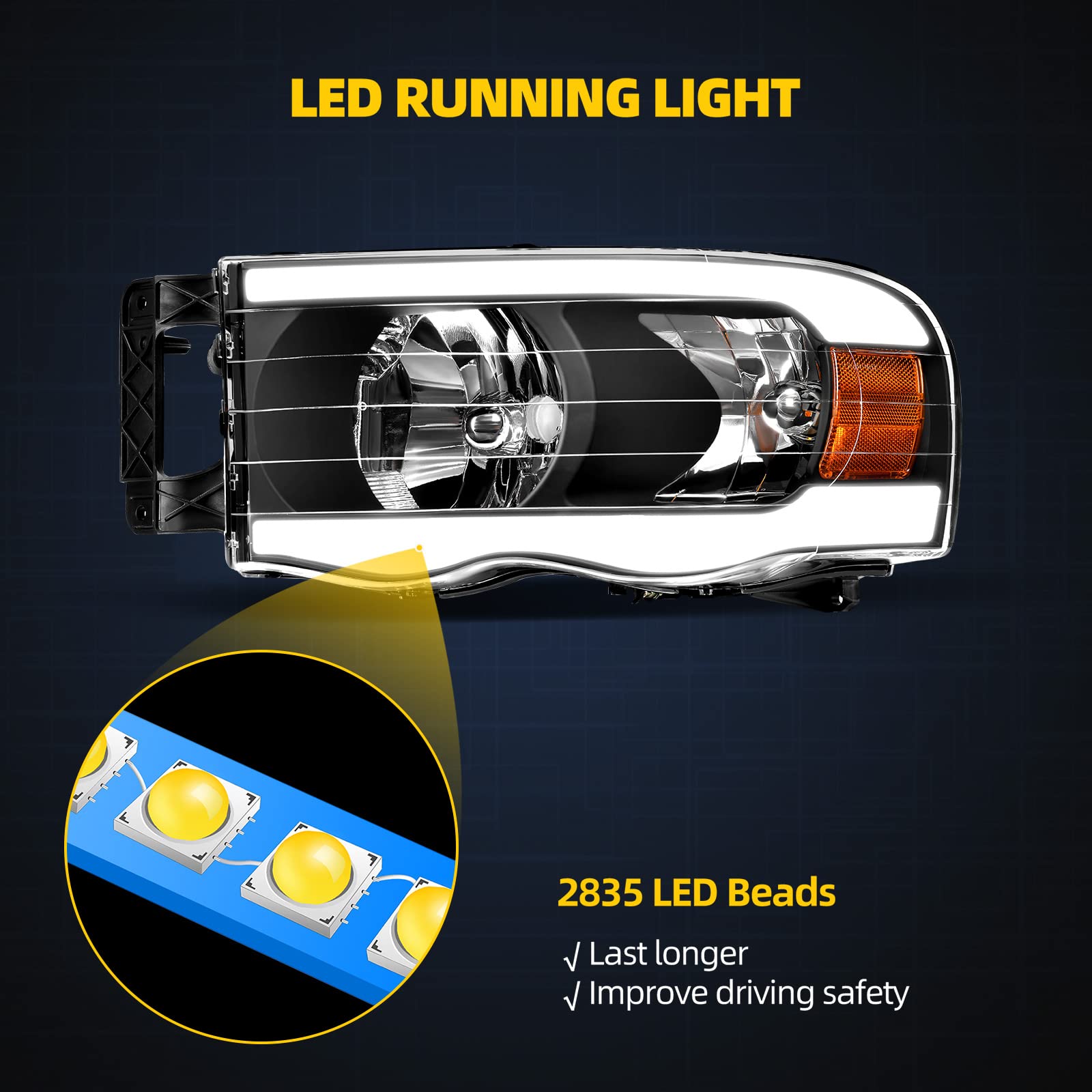 DWVO LED Headlights Assembly Compatible with 2002-2005 Dodge Ram 1500/2500/3500 - Switchback DRL Tube, Replacement Headlamps Pair - Perfect for Night Driving & Off-Road Adventures