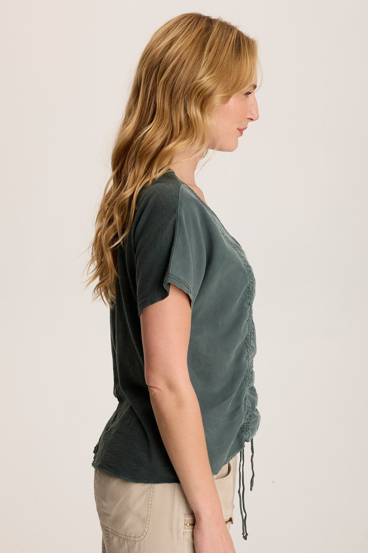 Werner Twill Ruched Cord Relaxed V Neck Tee - Soft Casual Women's T-Shirt for Everyday Wear & Layering | Perfect for Work, Outings & Relaxing at Home