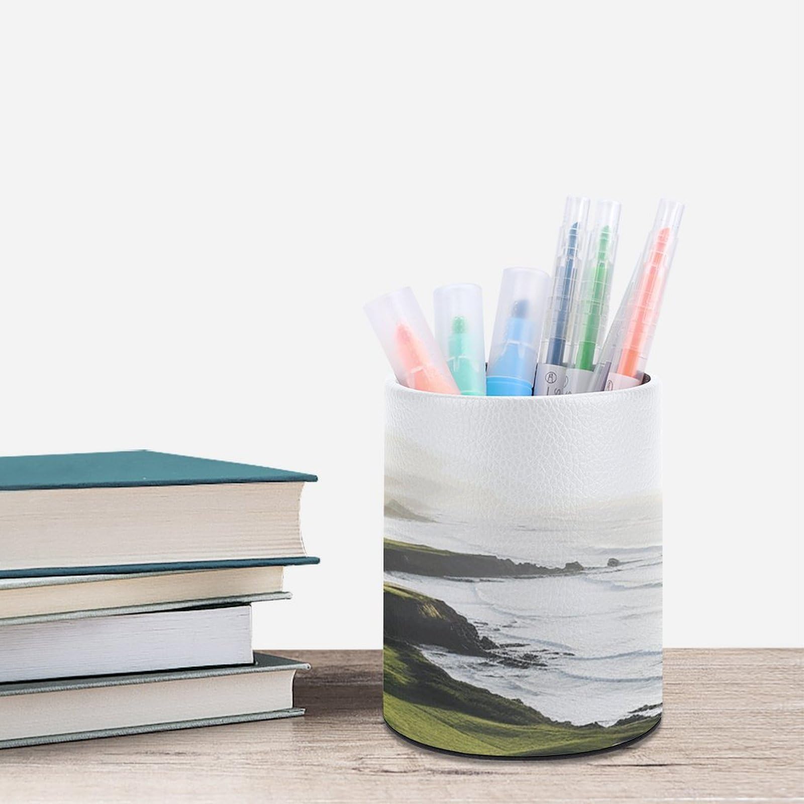 Acrylic Pen Holder with Seaside Golf Course Print - Round Office Desk Organizer for Pens & Pencils | Perfect for Home, Office, and Golf Lover's Workspace