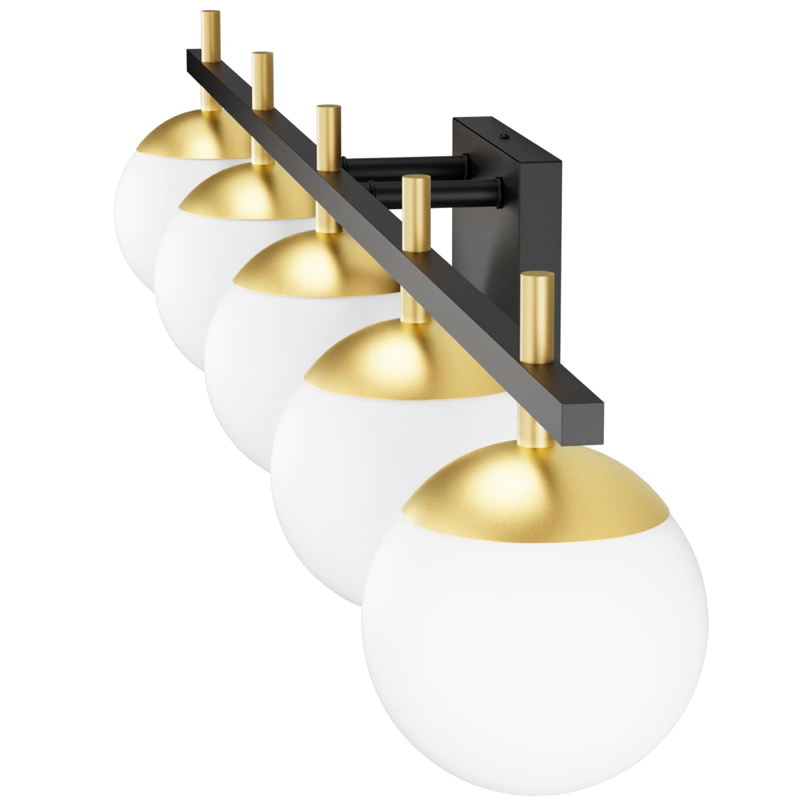 Ralbay Mid Century Modern Vanity Light Fixture - 5 Light Milky Glass Globe Bathroom Sconce for Mirror Lighting, Black/Gold Finish - Perfect for Contemporary Bathroom, Powder Room, and Dressing Area Illumination