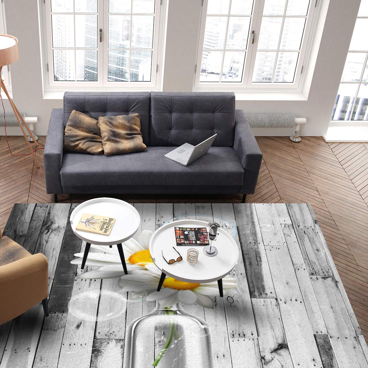 4'x7' Area Runner Rug with Daisy Flowers & Wood Texture - Washable Indoor/Outdoor Carpet for Kitchen, Living Room, Bathroom, Bedroom, Classroom & Laundry Room - Perfect Welcome Mat & Desk Decor for Home & Office
