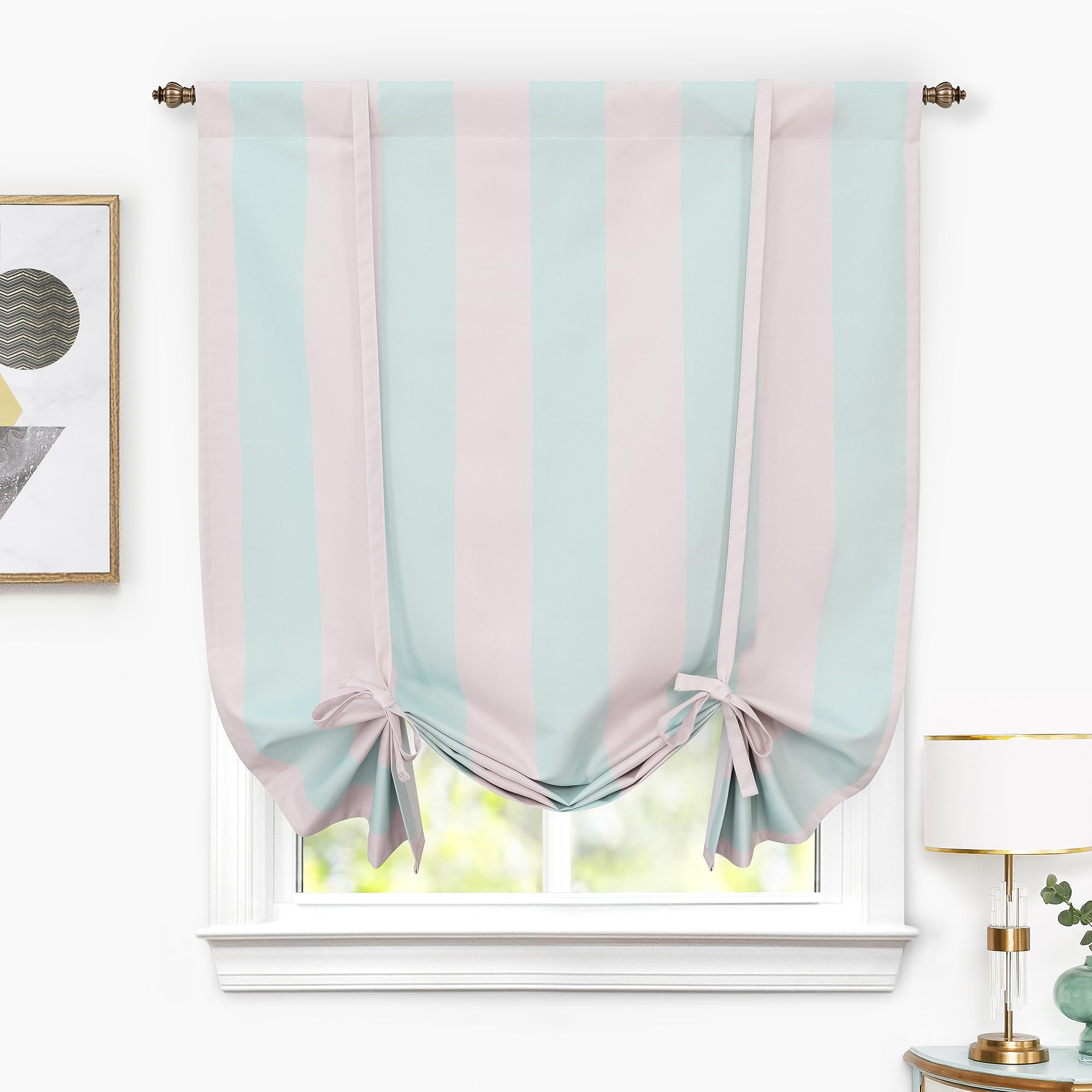 DriftAway Blackout Tie-Up Curtains for Small Windows - 45x63 Inch Thermal Insulated Kitchen Curtain with Stripe Pattern, Adjustable Rod Pocket (Pink & Green) | Perfect for Bedrooms, Living Rooms & Home Decor