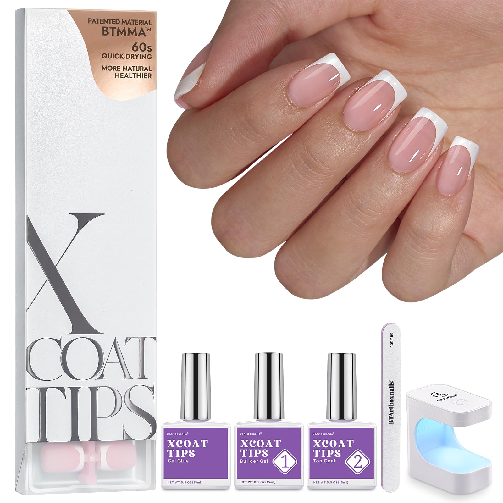 BTArtboxnails XCOATTIPS Short Square French Tip Press On Nails Kit - Pink Soft Gel Nail Tips with Nail Gel, French Protecting Duo & UV Nail Lamp for Home DIY Manicure | Perfect for Parties, Weddings & Everyday Wear