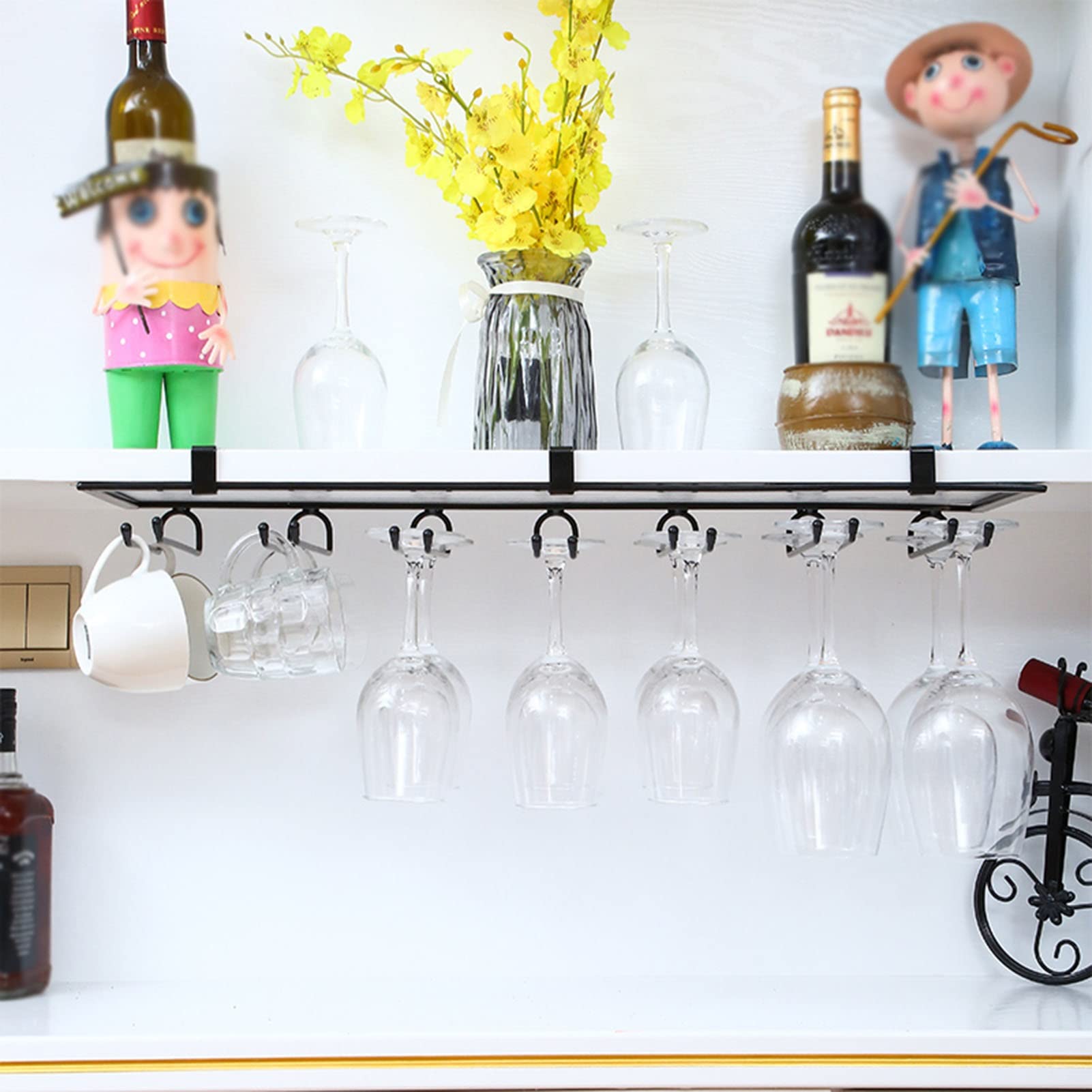 Premium Under Cabinet Stemware Wine Glass Rack - Heavy Duty Metal Hanging Holder for Wine, Champagne & Cocktail Glasses - Space Saving Storage Solution for Kitchen, Bar & Restaurant (Black) - Perfect for Home Entertaining & Commercial Use