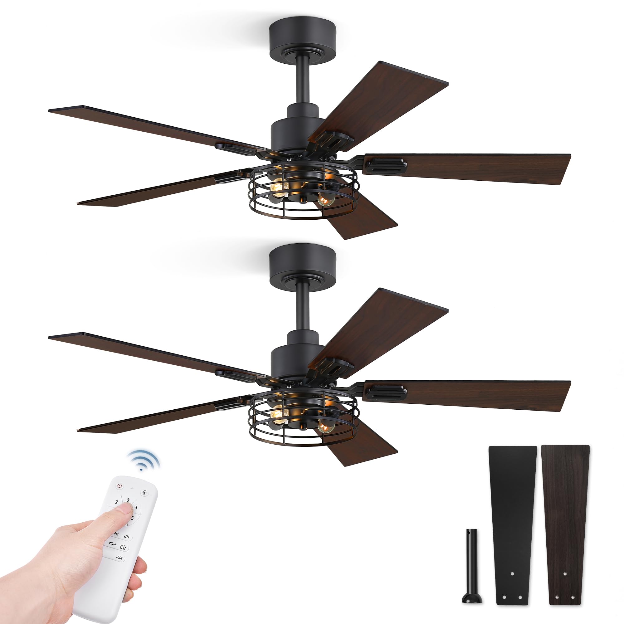 2 Pack Black Industrial Caged Ceiling Fan with Light - 42 Inch Farmhouse Style Rustic Ceiling Fan with 5 Double-Sided Blades - Perfect for Bedroom, Living Room, Patio & Indoor Outdoor Use