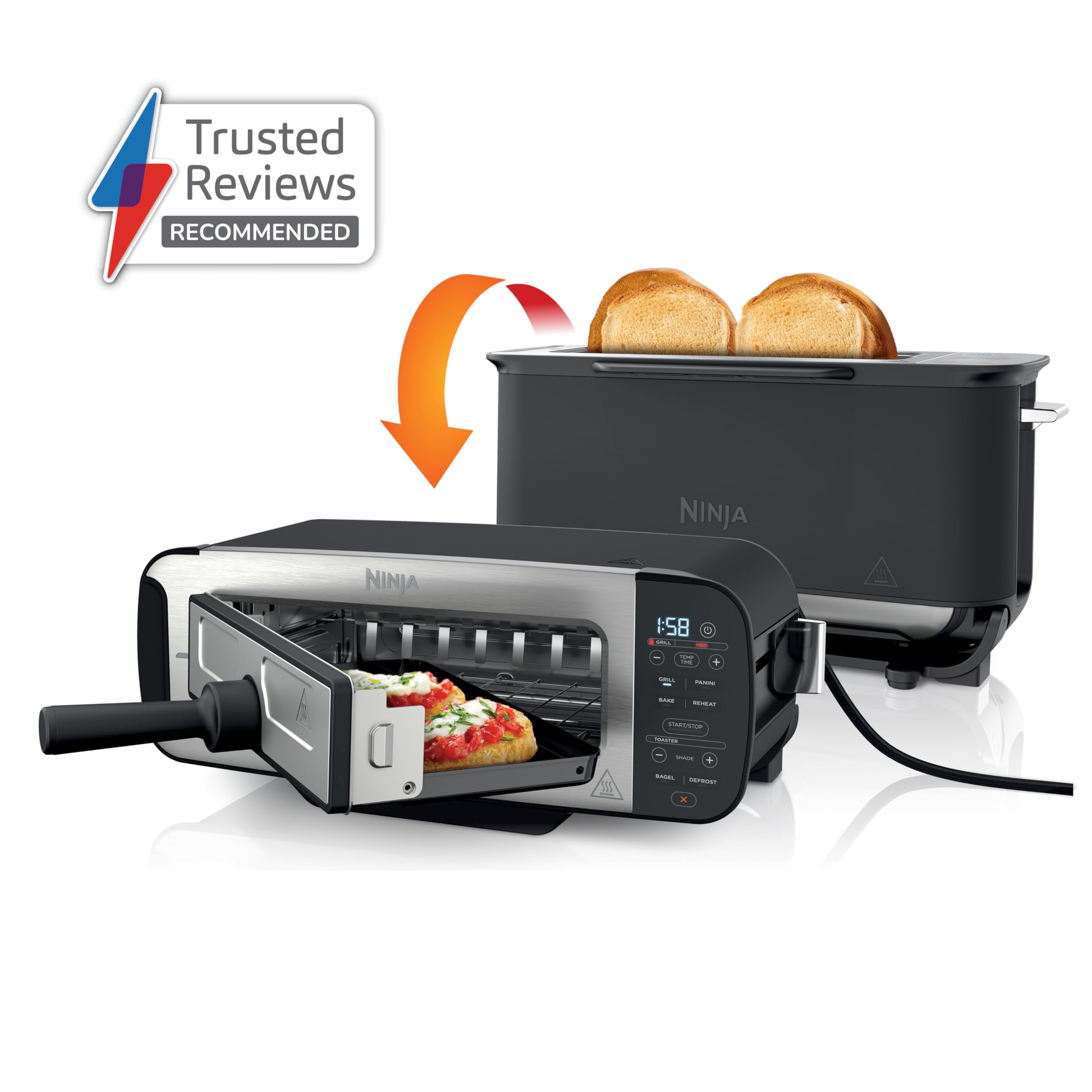 Ninja Foodi 3-in-1 Toaster, Grill & Panini Press - 7 Cooking Functions with Flip Design, 7 Toast Shades | Includes Panini Press, Bake Tray & Crumb Tray | Perfect for Breakfast, Sandwiches & Grilling at Home | Black ST200UK