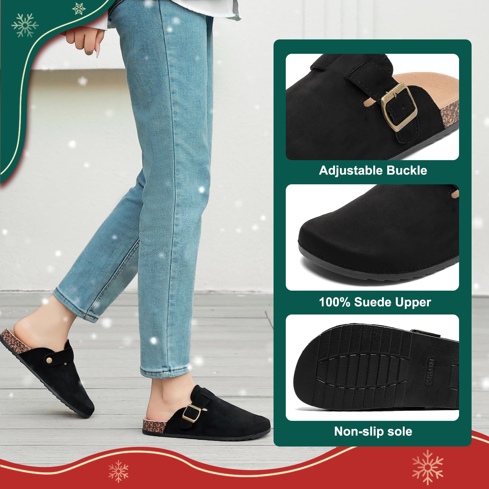 Women's & Men's Suede Clogs & Leather Mules - Comfortable Cork Footbed, Anti-Slip House Sandals with Arch Support & Adjustable Buckle - Perfect for Indoor/Outdoor Wear, Home, Office & Casual Occasions