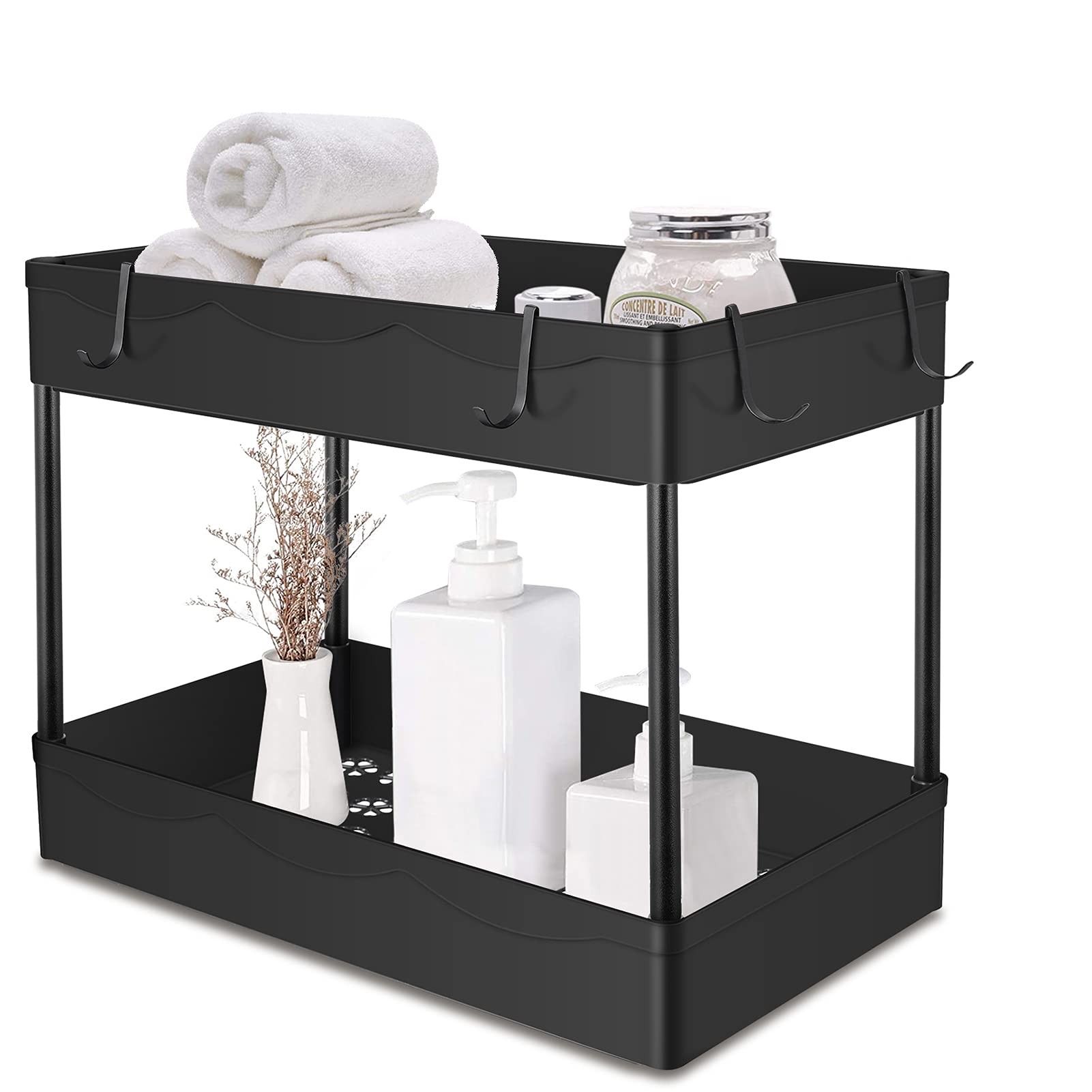2-Tier Under Sink Organizer with 4 Hooks - Space Saving Bathroom & Kitchen Storage Shelf - Black Countertop Standing Rack for Sink Cabinets - Perfect for Organizing Cleaning Supplies, Cosmetics & Toiletries