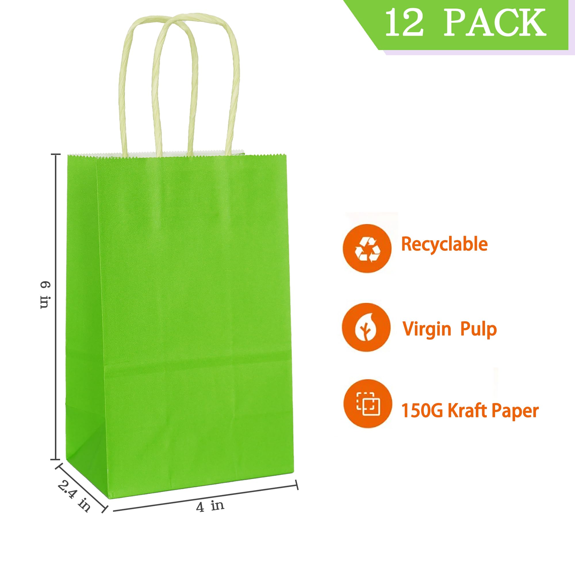 AZOWA 12-Pack Mini Kraft Paper Gift Bags with Handles (4x2.4x6 Inches) - Eco-Friendly Lime Green Small Party Favor Bags for Weddings, Baby Showers & Birthday Gifts