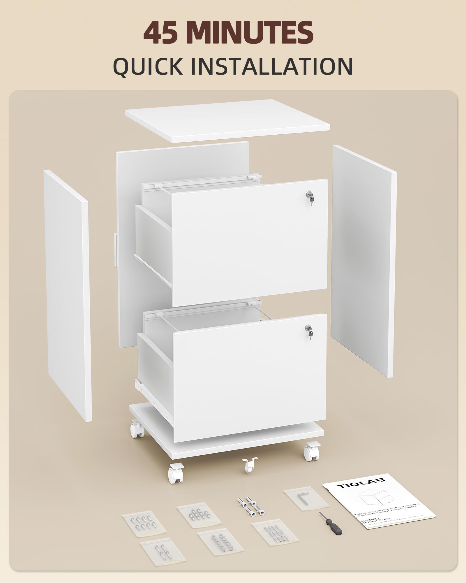 TIQLAB 2 Drawer Mobile File Cabinet - White Vertical Storage for Letter, Legal & A4 Documents - Perfect for Home Office & Under Desk Organization - Compact File Organizer for Papers, Folders & Office Supplies