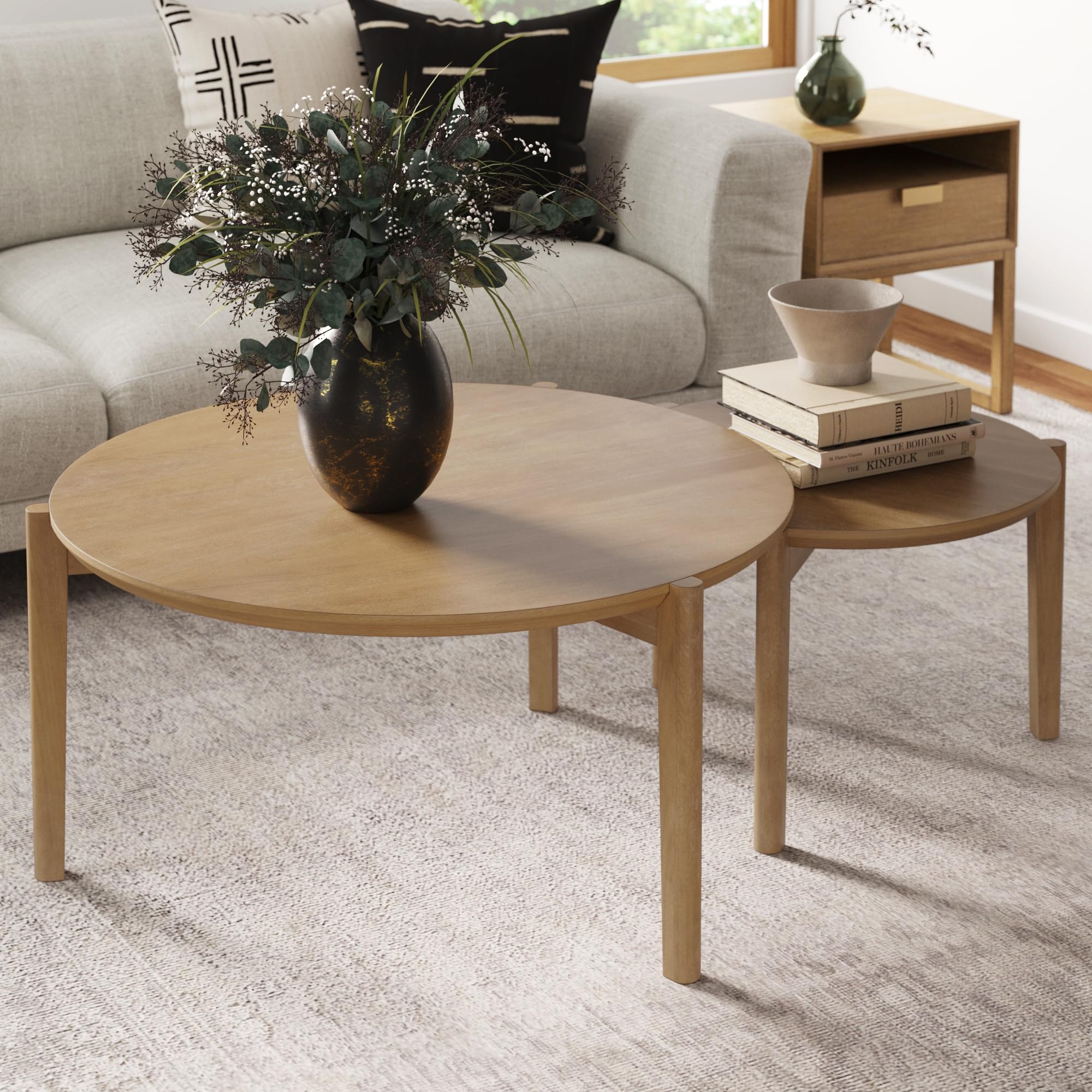 Nathan James Kendall Round Modern Nesting Coffee Table Set of 2 - Stackable Side Tables for Living Room, Bedroom & Office - Light Brown Wood Finish - Perfect for Small Spaces & Home Decor