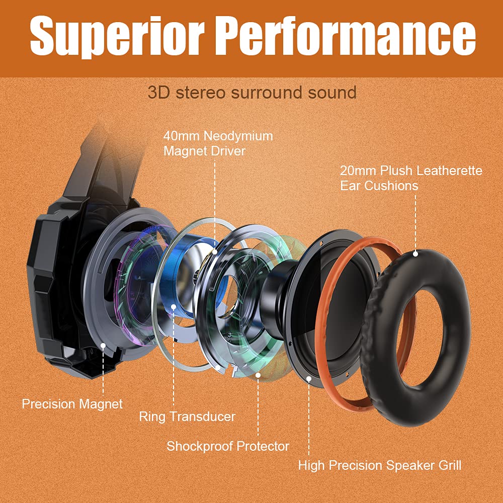 BENGOO G9000 Stereo Gaming Headset with Mic - Noise Cancelling Over-Ear Headphones for PS4, PC, Xbox One | LED Light, Bass Surround, Soft Memory Earmuffs (Orange) - Perfect for Gaming, Streaming & Online Meetings