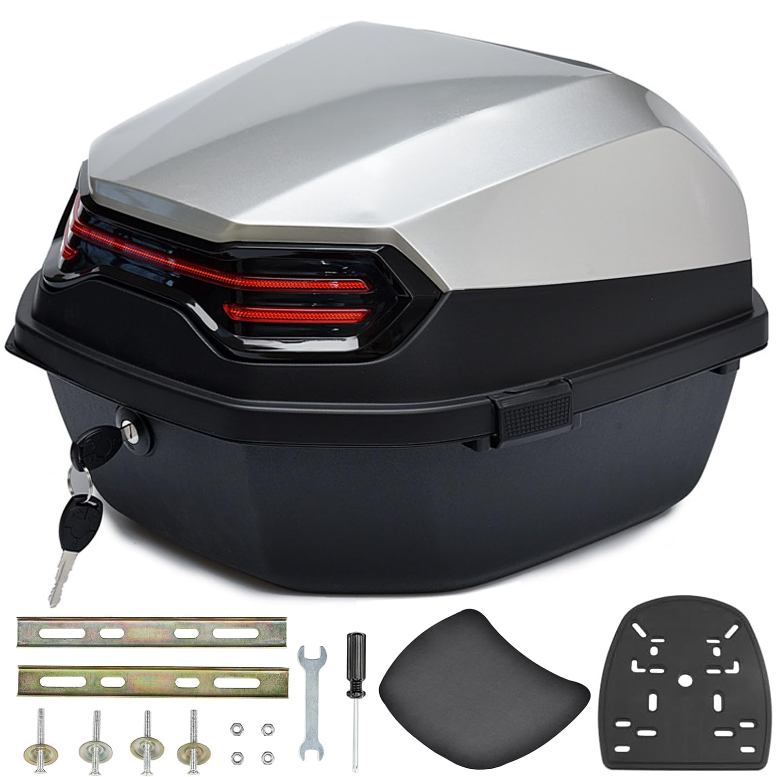 35L Waterproof Motorcycle Top Box - Silver Tail Trunk Luggage with Mounting Hardware | Helmet Storage Carrier for Motorbike & Moped | Perfect for Commuting, Touring & Daily Rides