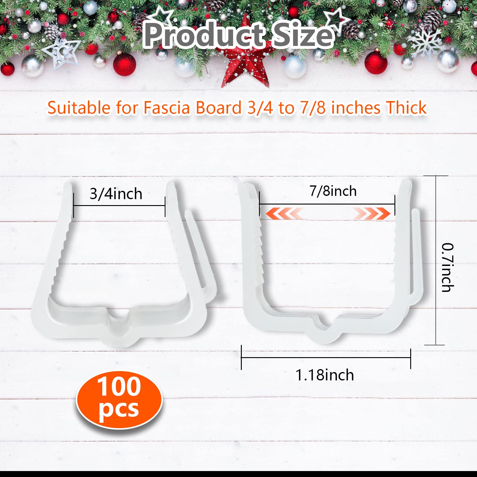 100PCS Christmas Light Clips for Fascia Board & Deck Banister - Heavy Duty Plastic Hangers for Indoor/Outdoor Holiday Lights (Fits 3/4''-7/8'' Thickness) - Perfect for Roof, Gutters & Railings