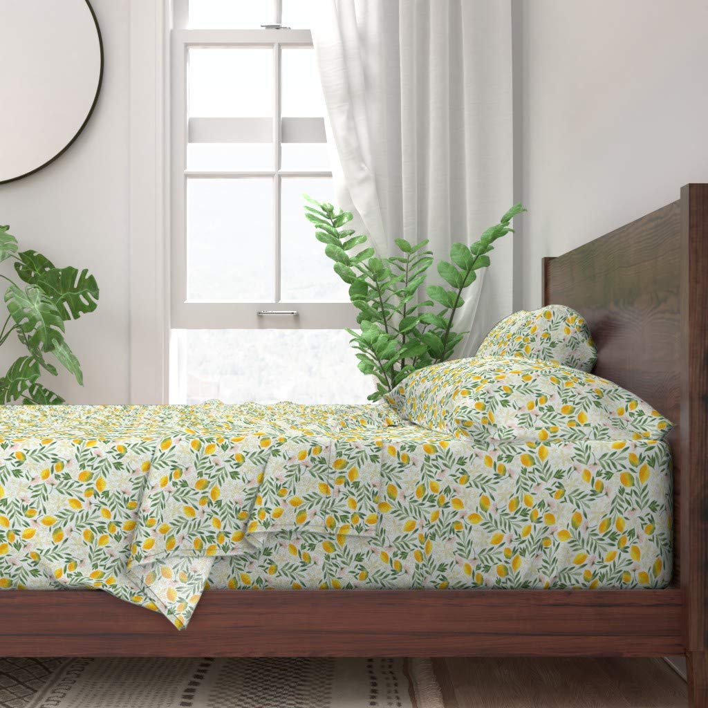 Watercolor Lemons 100% Cotton Twin Sheet Set - 3 Piece Whimsical Citrus Fruit Print Bedding | Soft Breathable Summer Kitchen Decor | Perfect for Guest Rooms, Beach Houses & Boho Bedrooms