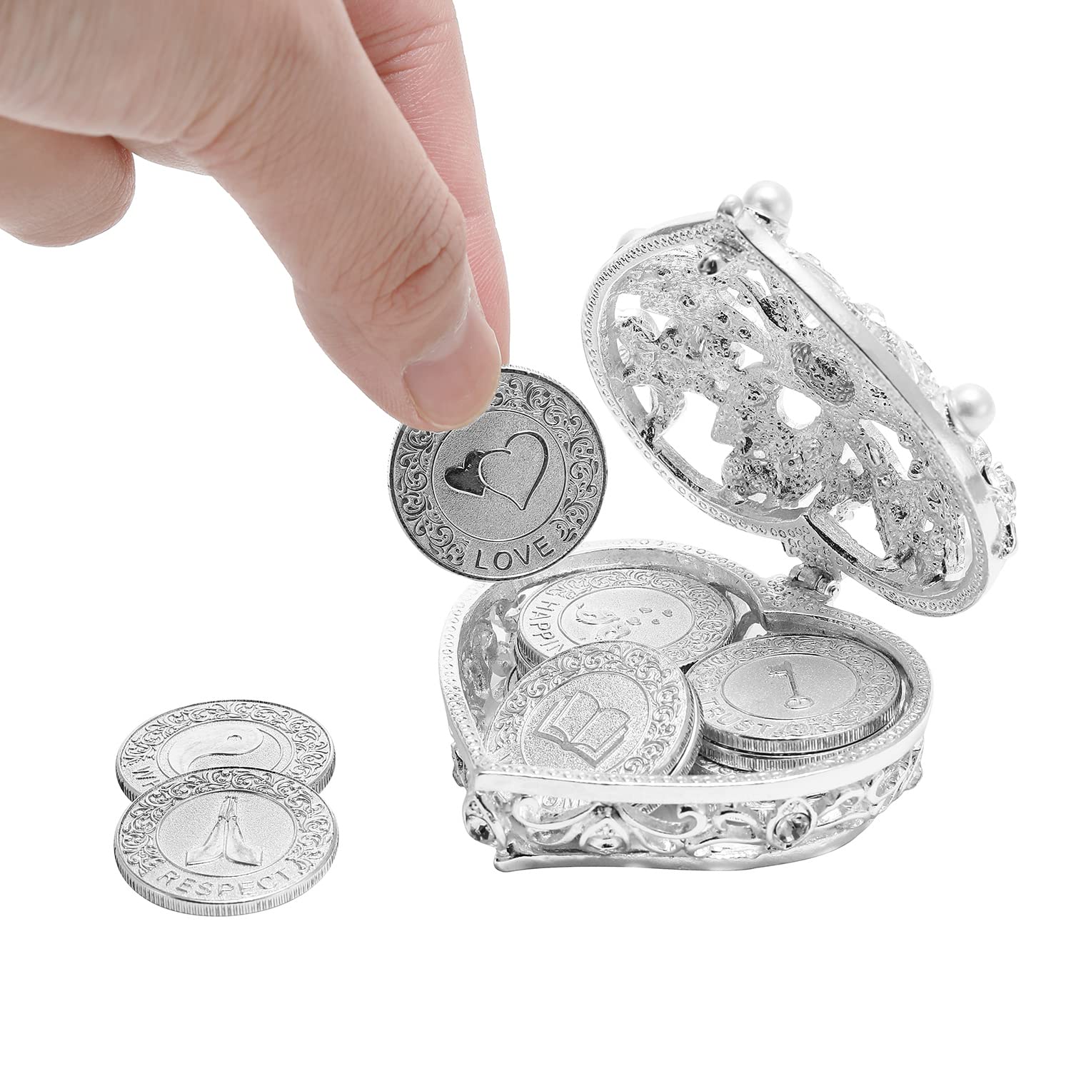 TINGKU English Silver Wedding Coins - Pearl & Crystal Heart Jewelry Box - Arras de Boda Unity Coins Set - Perfect for Wedding Ceremony Souvenirs & Anniversary Gifts