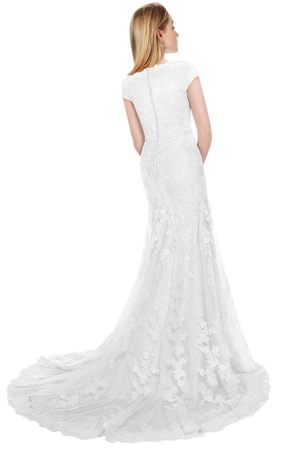 Elegant Modest Wedding Dress for Bride - Short Sleeves Mermaid Floral Lace Gown | Perfect for Church, Beach & Outdoor Wedding Ceremonies