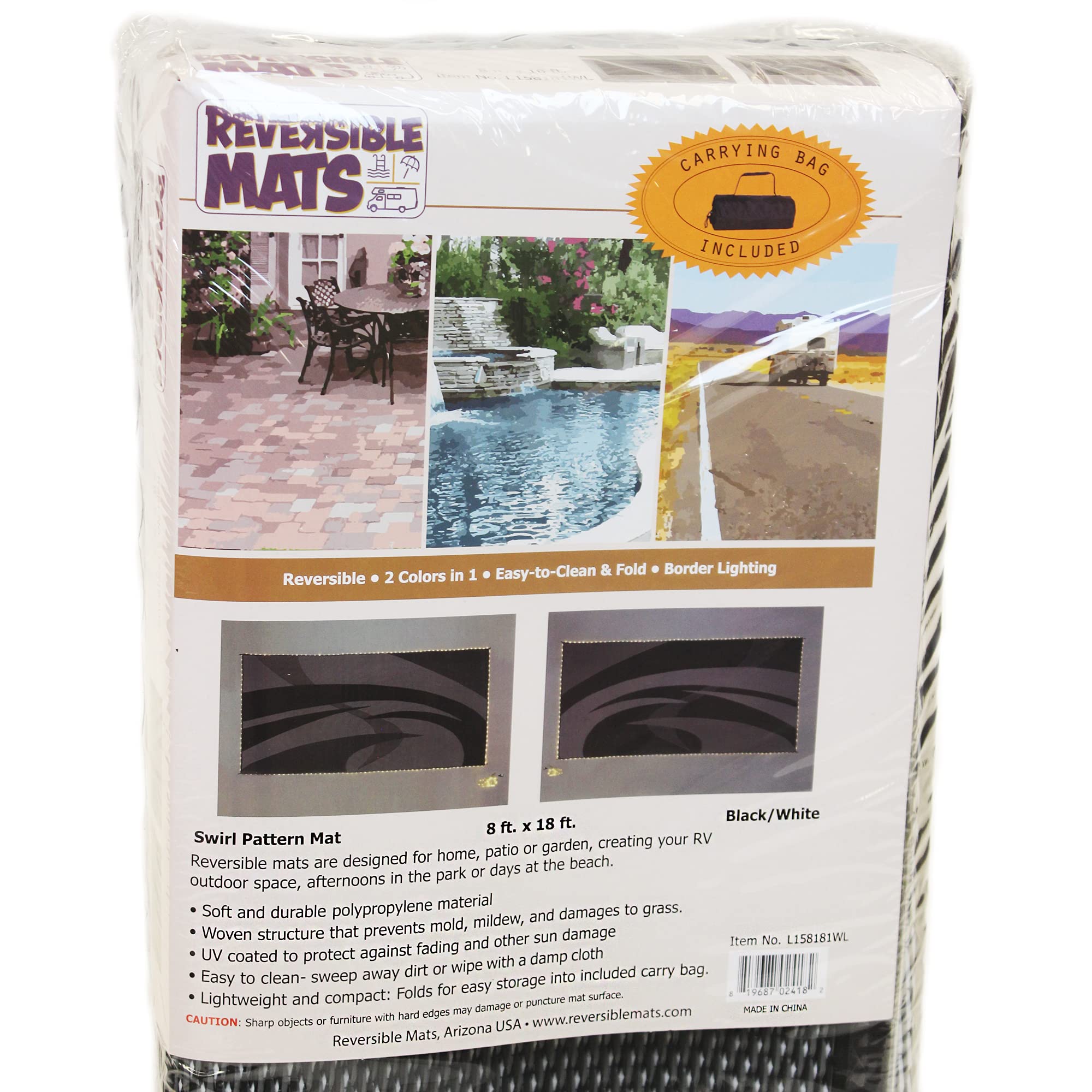 Premium 8ft x 18ft LED Illuminated Outdoor Patio Mat - Waterproof Camping Rug for RV, Backyard, Deck & Poolside - Stylish Black/White Design - Weather-Resistant & Durable for All Seasons