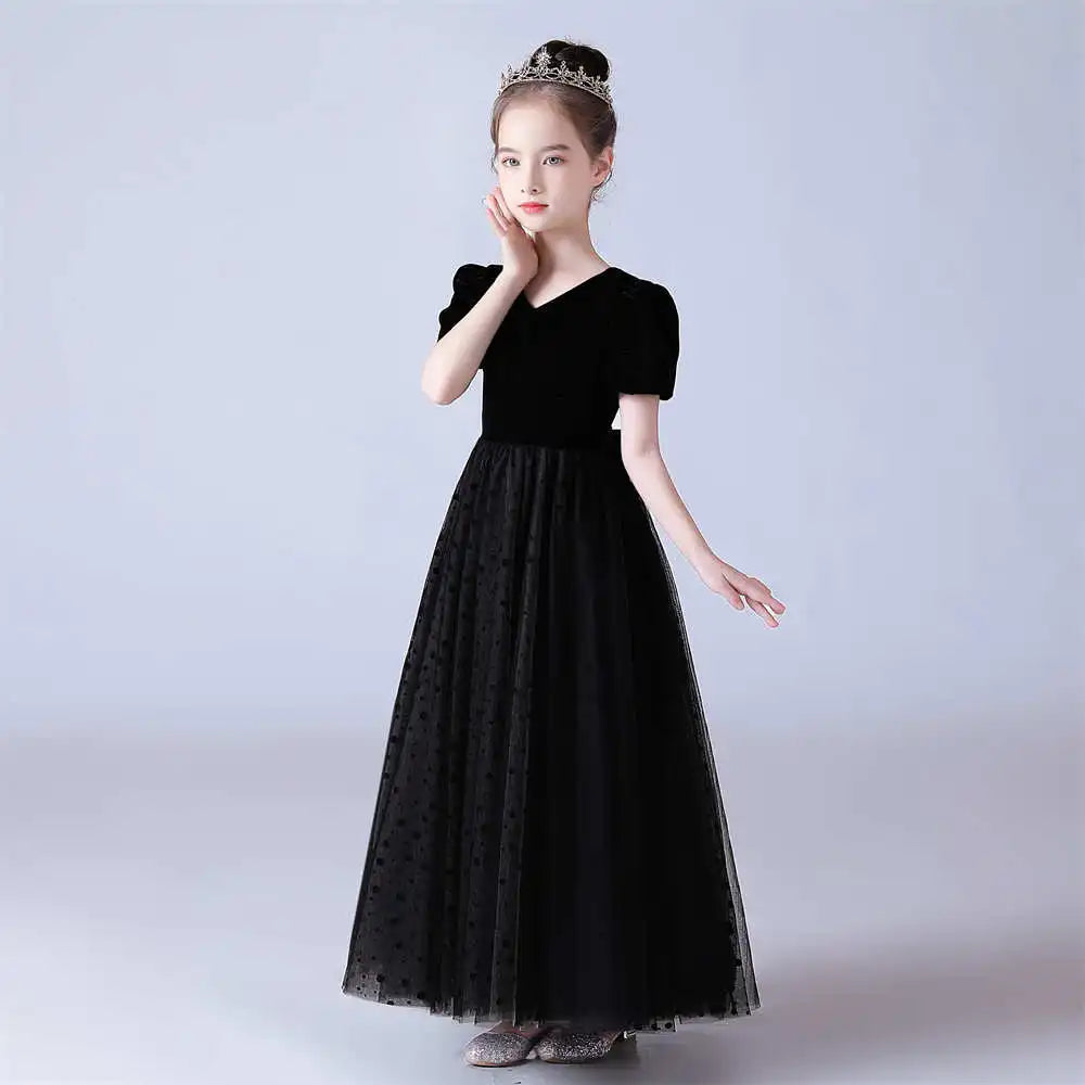 Polka Dot Tulle Puff Sleeve Black Girls Party Dress - Elegant & Playful Outfit for Birthday, Wedding & Special Occasions