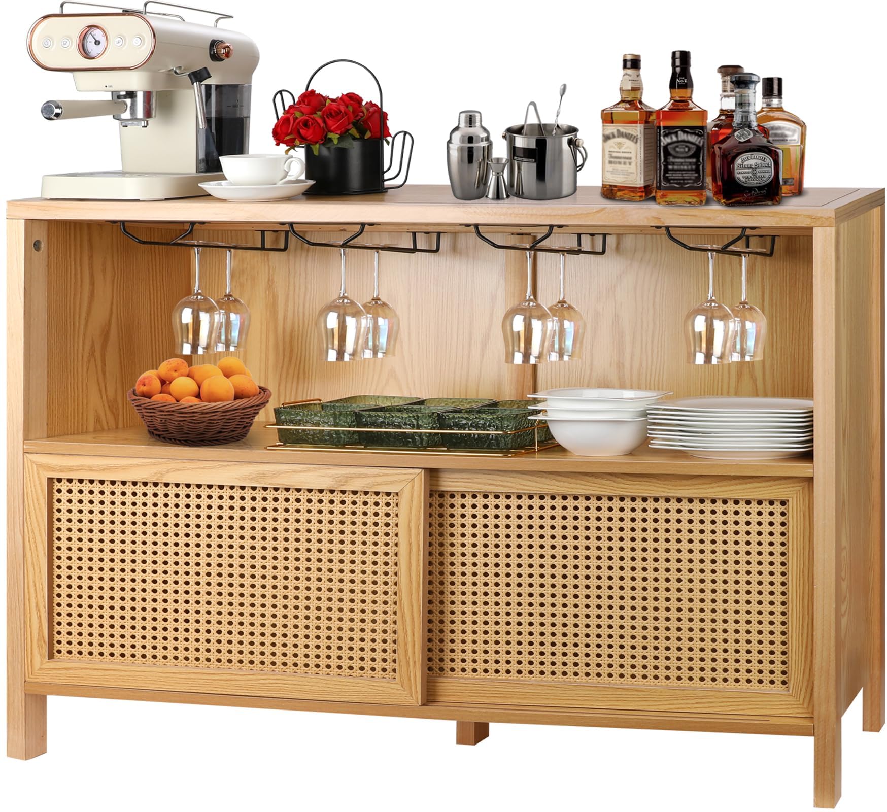 ZYBT Coffee Bar Cabinet with Storage - Modern Liquor Cabinet & Wine Bar for Home, Boho Rattan Bar Table with Glass Storage | Perfect for Kitchen, Living Room & Entertaining Guests