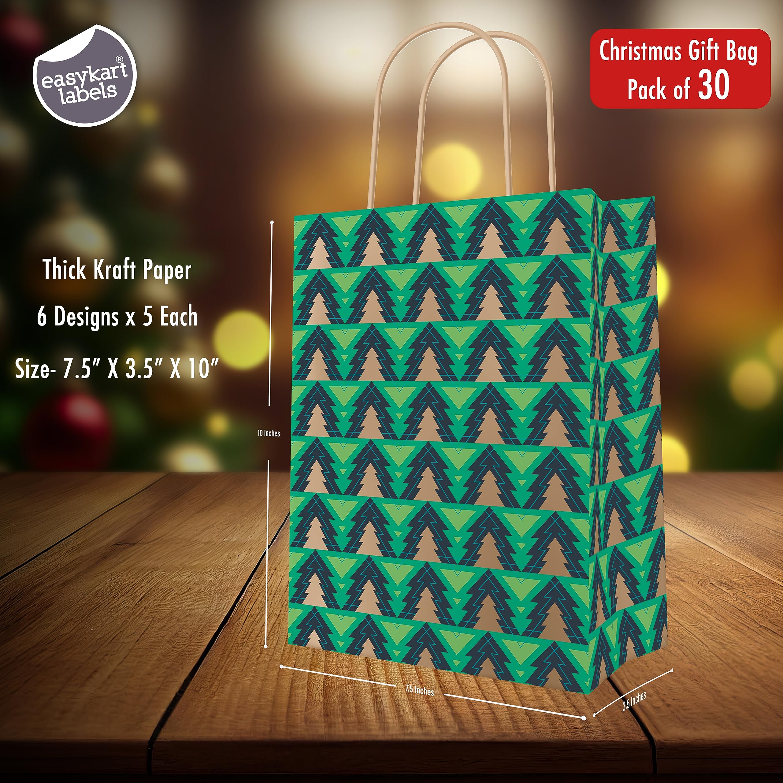 30 Christmas Kraft Gift Bags - 6 Festive Designs for Holiday Presents, Xmas Party Favors & Classroom Treats (9