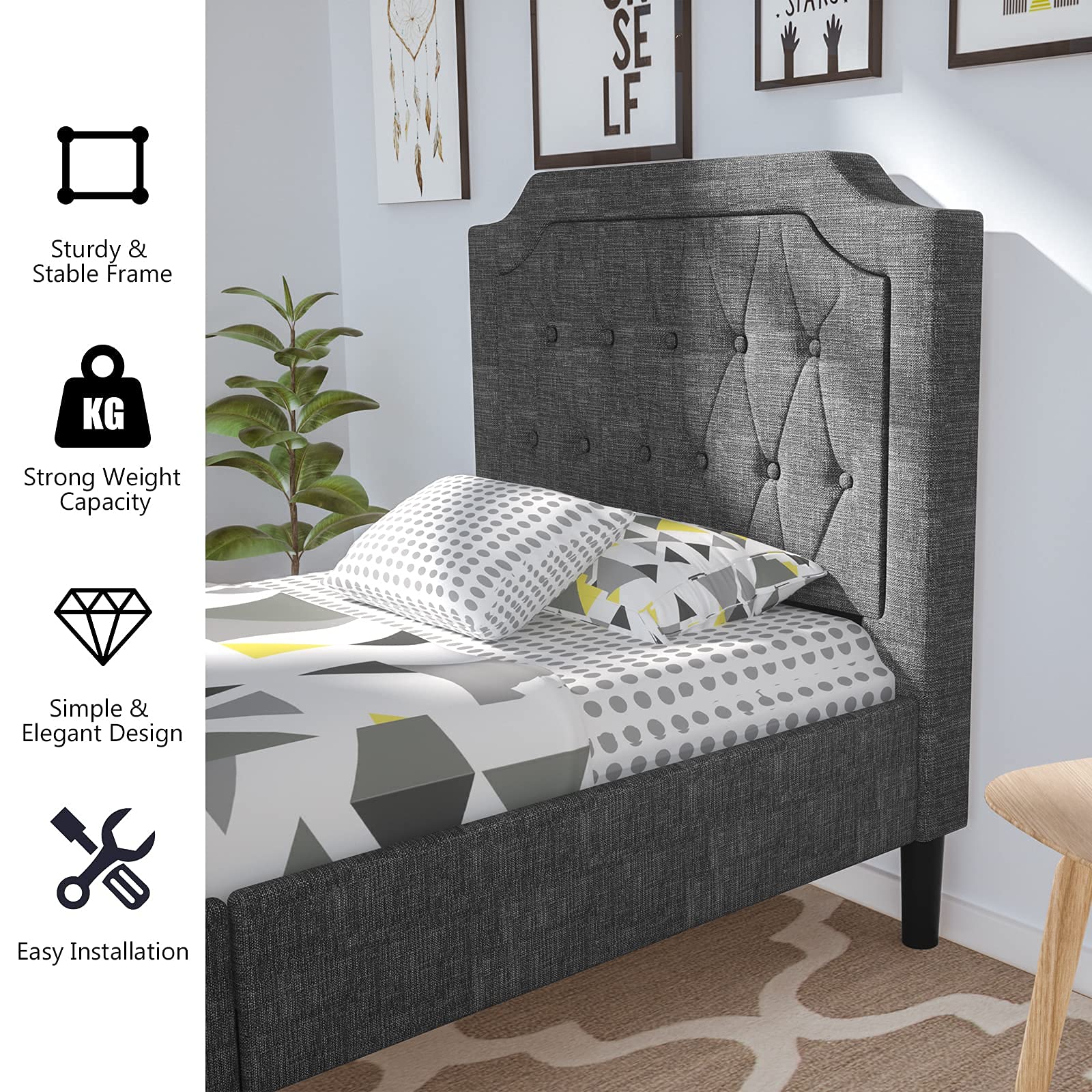Giantex Twin Size Upholstered Bed Frame with Button Stitched Headboard - Sturdy Metal Frame & 10 Wooden Slats Support - No Box Spring Needed - Perfect for Small Bedrooms, Guest Rooms & Dorm Rooms