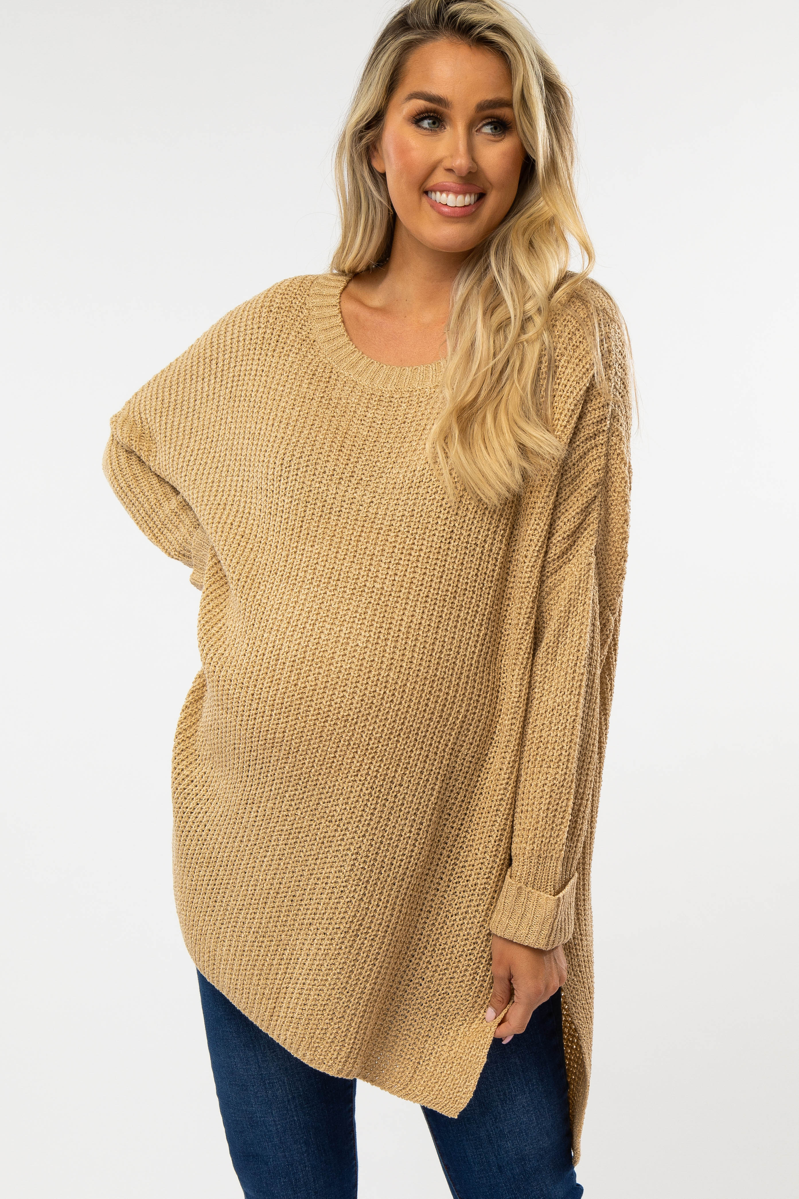 Beige Hi-Low Side Slit Cuff Sleeve Maternity Sweater for Women - Comfortable Pregnancy Knit Top for Casual Wear & Nursing