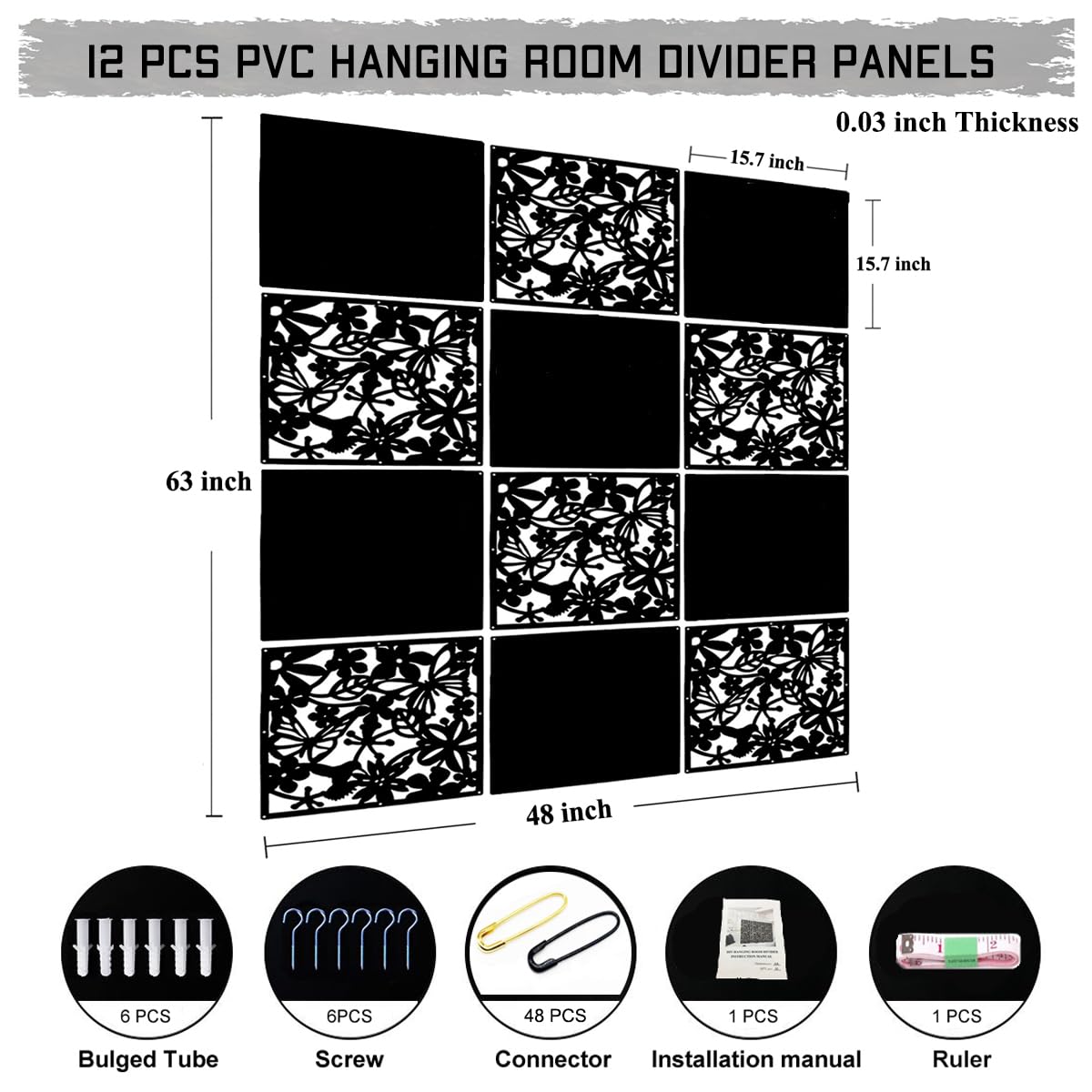 LRZCGB 12-Piece PVC Black Hanging Room Divider Panel Screen - Solid Privacy Partition for Living Room, Dining Room, Study & Hotel Decor | Home Office Separation & Space Dividing Solution
