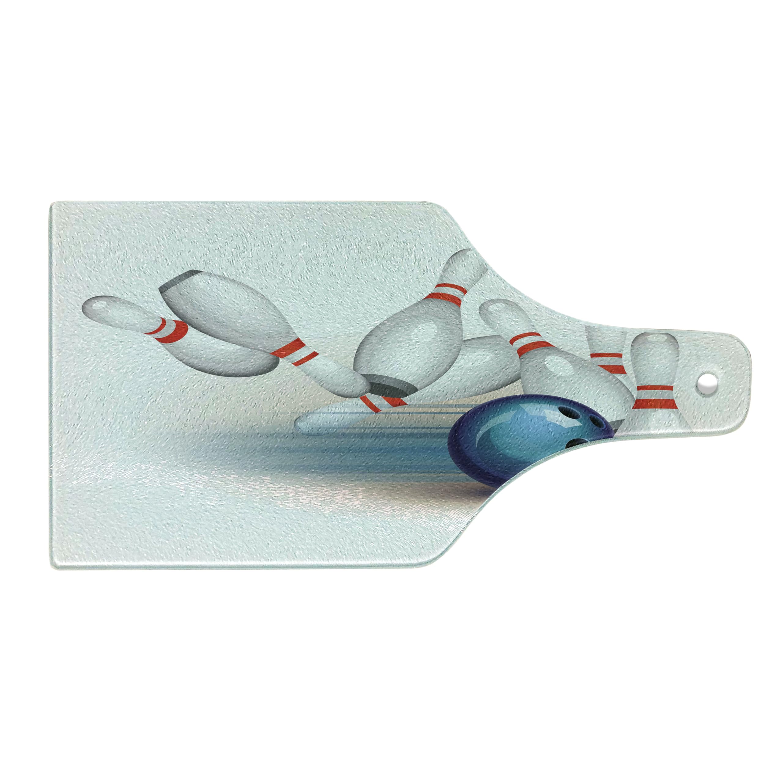 Ambesonne Bowling Party Tempered Glass Cutting Board - Wine Bottle Shape with Thrown Ball & Scattered Pins Design in White, Pale Blue & Red | Perfect for Serving Charcuterie, Cheese & Wine at Bowling-Themed Parties & Game Nights