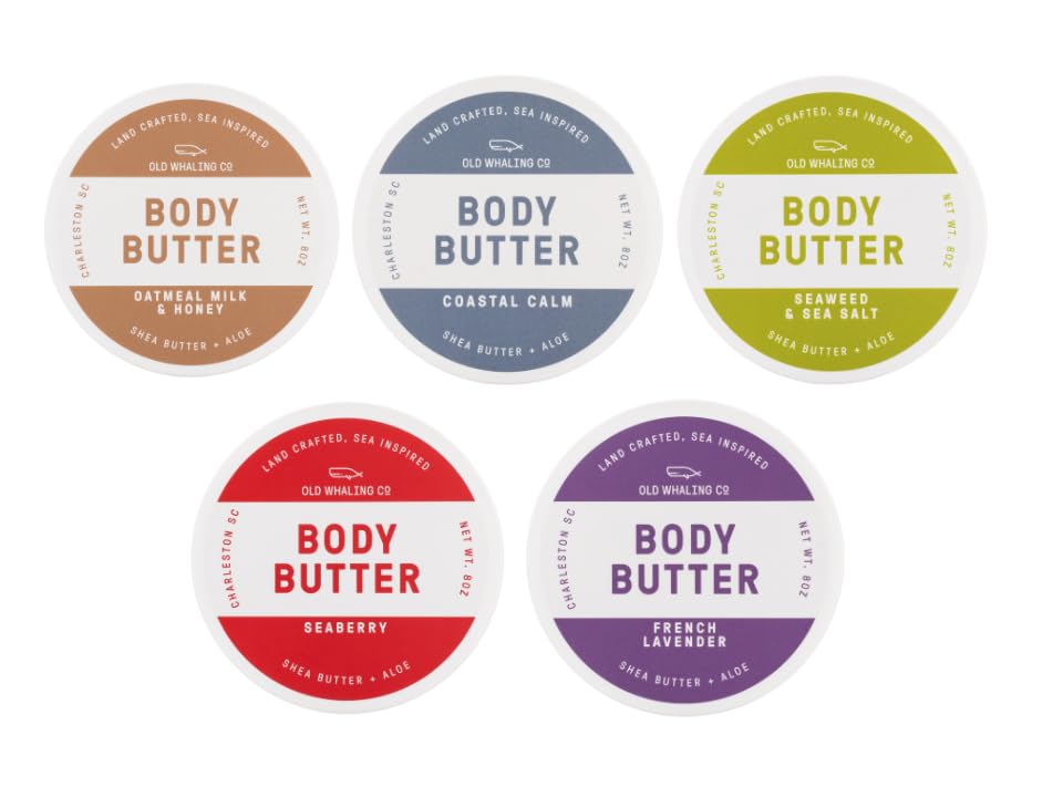 Old Whaling Co Five Body Butter Set – Soothing Moisturizing Cream with Shea Butter, Aloe & Sunflower Oil – Handmade Natural Bath & Body Care Gift Set – 8oz Jars (Set of 5) – Perfect for Dry Skin, Spa Day & Holiday Gifting