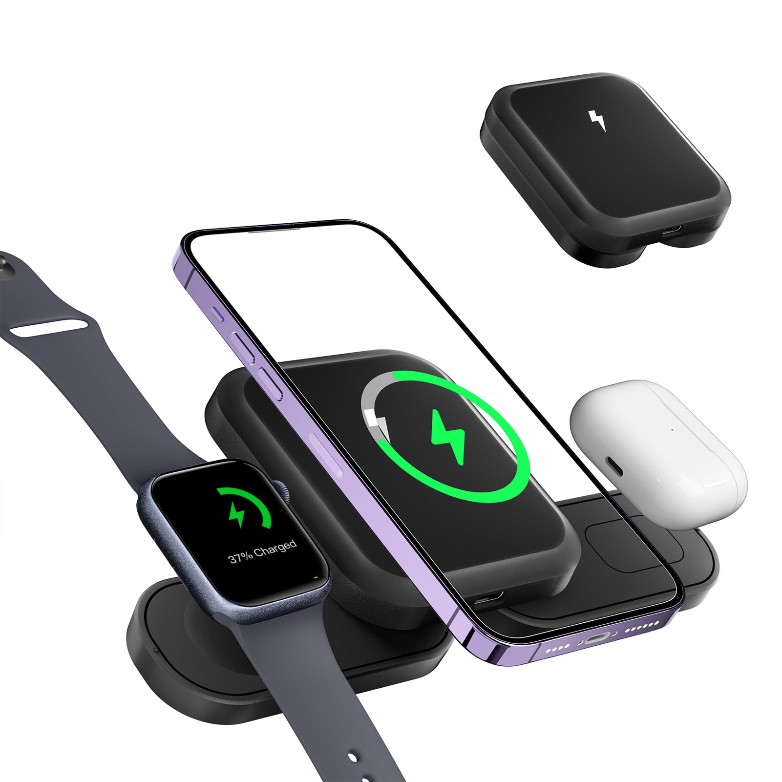3-in-1 Foldable MagSafe Wireless Charging Station for iPhone 15/14/13/12/11, Apple Watch Ultra/Series 9/8/7/6/5/4/3/2/SE & AirPods 3/2/Pro - Fast Charging Stand for Home, Office & Travel