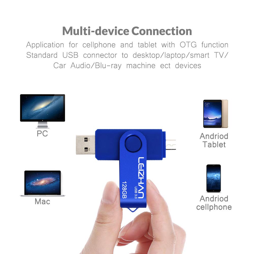 LEIZHAN 128GB USB 3.0 Flash Drive OTG Dual Port for Android/PC - Blue