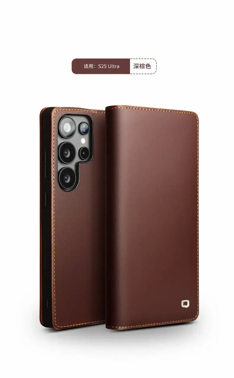 Samsung Galaxy S25 Ultra Genuine Leather Flip Wallet Case - Retro Style Protective Cover with Card Slots for Daily Use & Travel Accessories