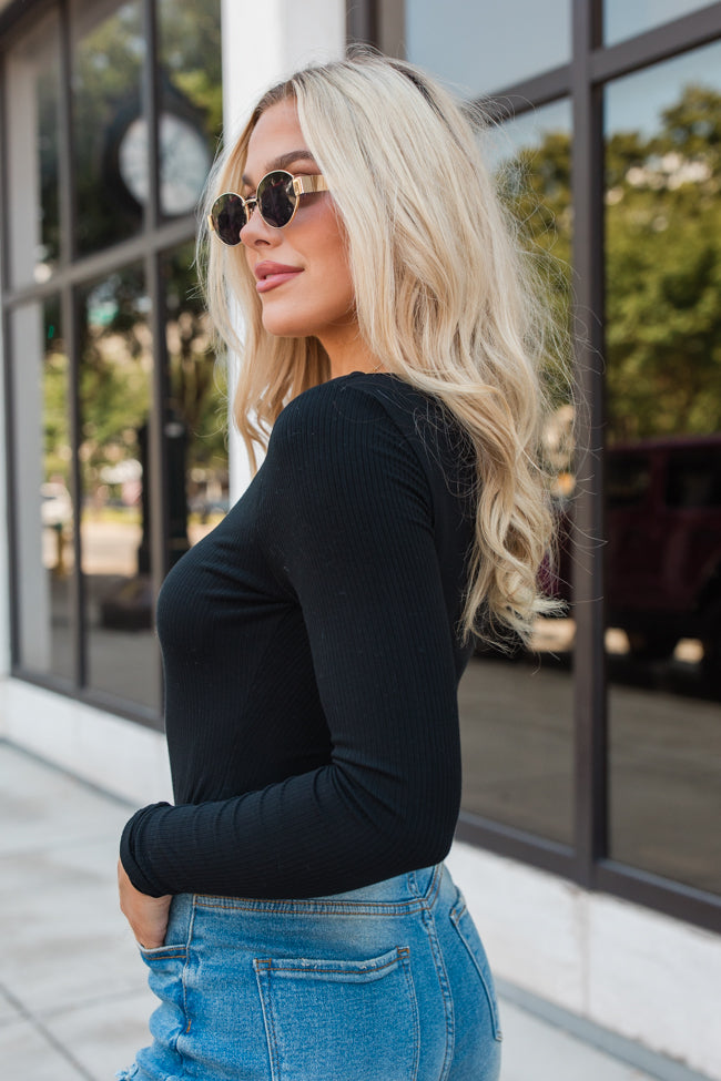 Going Strong Black Ribbed V-Neck Bodysuit for Women - Slim Fit Stretchy T-Shirt Top - Perfect for Layering, Casual Wear & Night Out