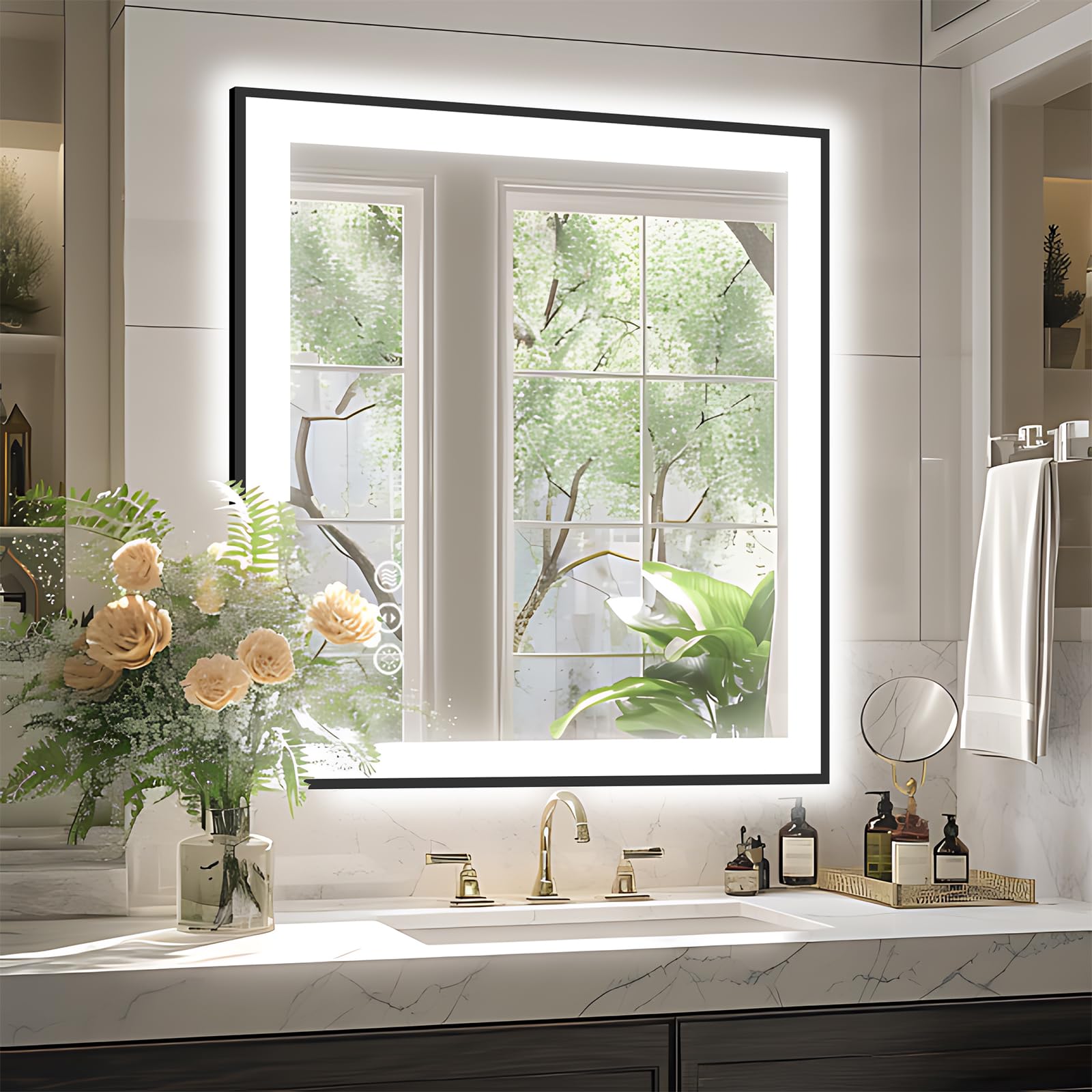 30x36 Inch LED Bathroom Mirror with Black Trim - Backlit & Front Lit Vanity Mirror, 3 Color Temperatures & Stepless Dimming (CRI90+), Anti-Fog, Shatterproof, Waterproof, Smart Touch Control - Perfect for Modern Bathrooms, Bedrooms, and Dressing Areas