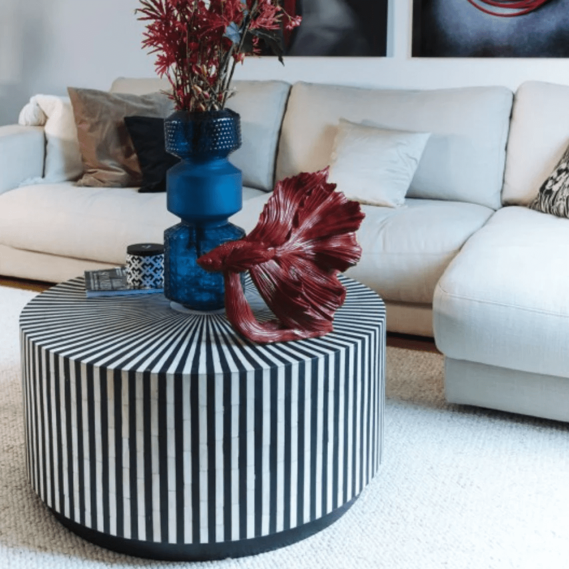 Handmade Bone Inlay Round Coffee Table - Black & White Striped Design - Boho Chic Home Decor - Perfect for Living Room, Lounge & Office Spaces