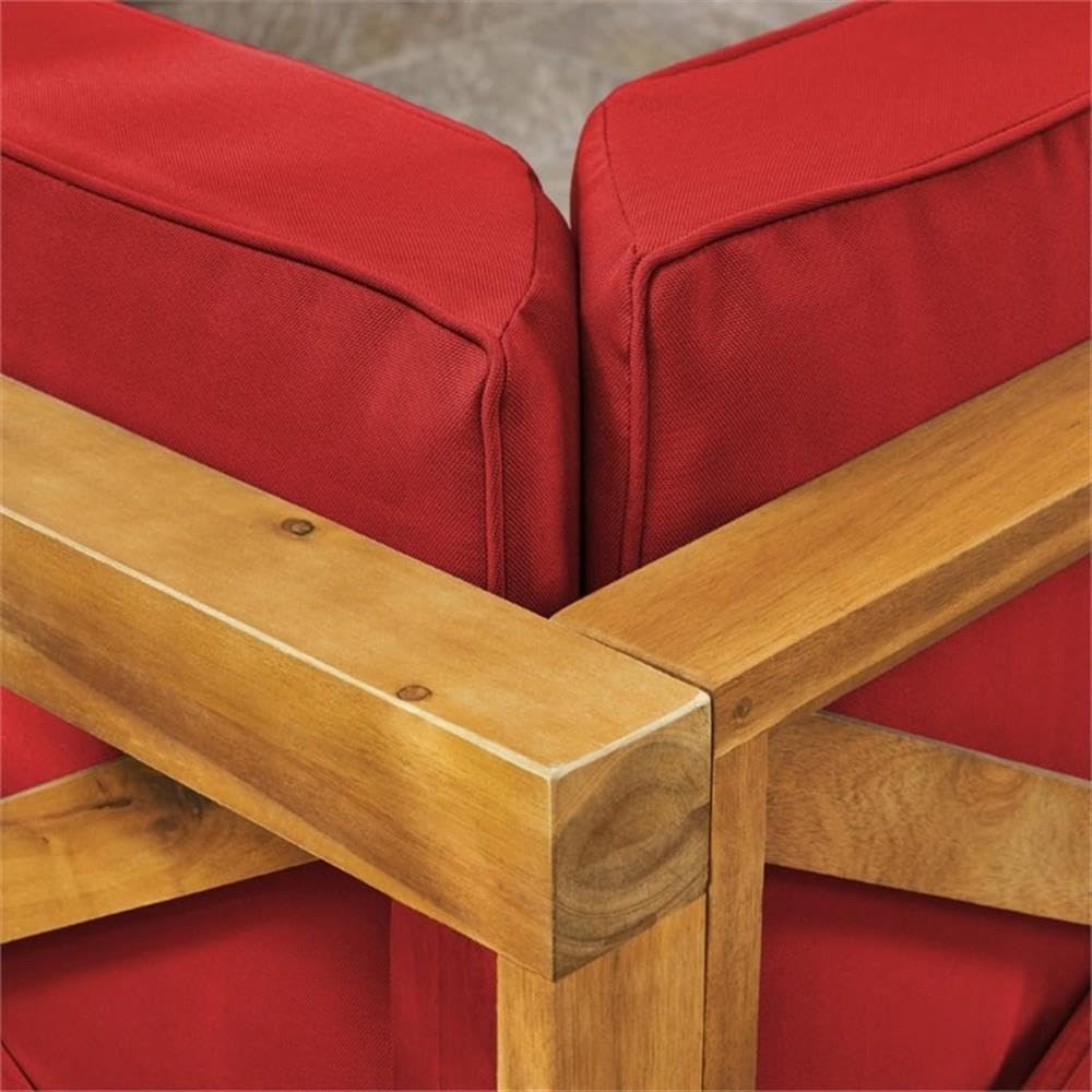 Noble House Culatra 7-Piece Outdoor Acacia Wood Sectional Sofa Set in Red - Patio Furniture for Backyard, Poolside & Garden Relaxation