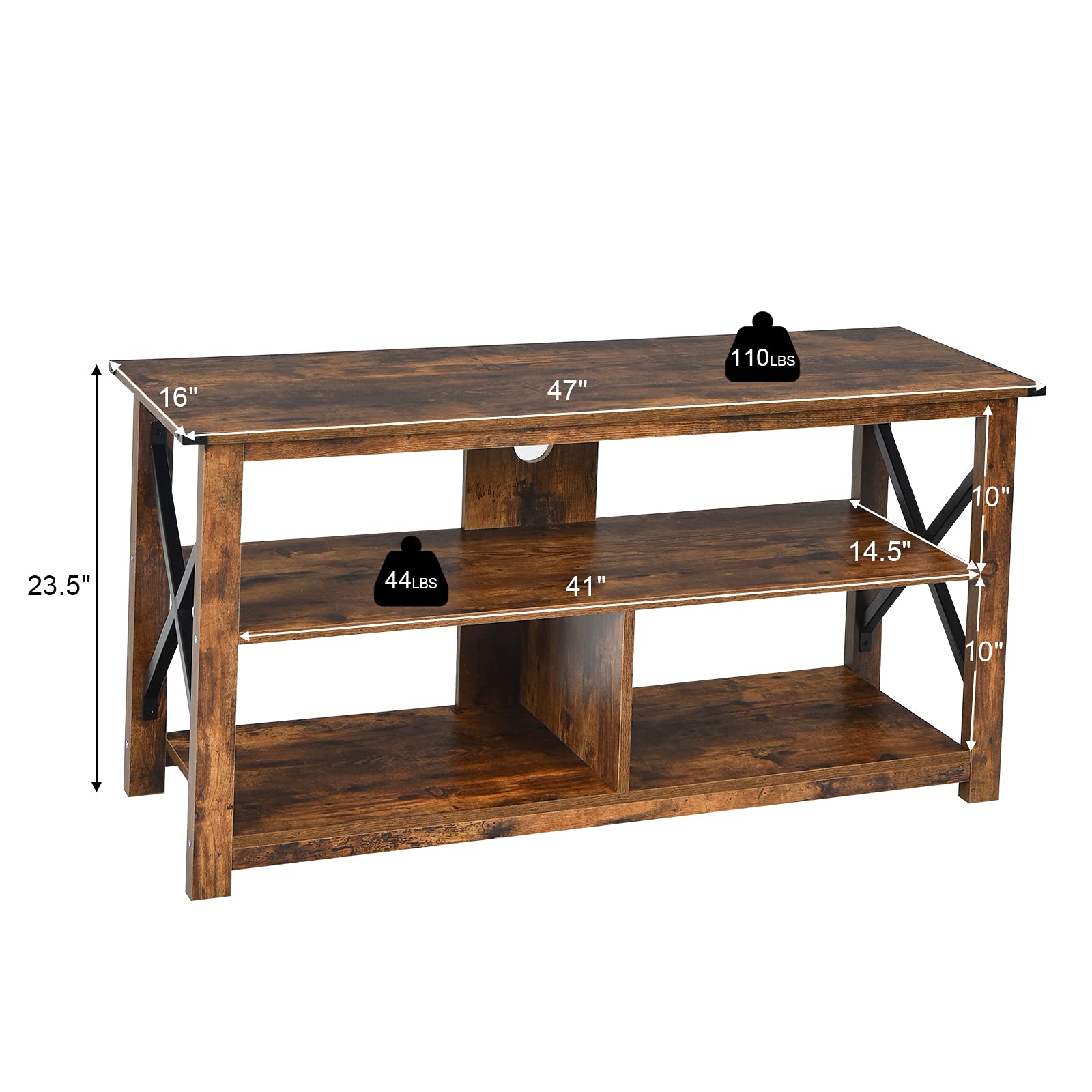 Tangkula 3-Tier Wooden TV Stand with Open Shelves & X-Shaped Frame - Farmhouse Style Entertainment Center for 55-Inch TVs - Sturdy TV Console Table for Living Room, Bedroom & Home Theater (Brown)