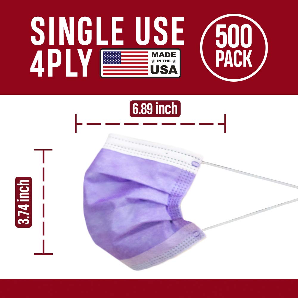 4-Ply Breathable Disposable Face Masks - Made in USA - Comfortable Elastic Ear Loops - Multiple Colors (500 Pack, Purple) - Perfect for Daily Use, Travel, Work & School Protection