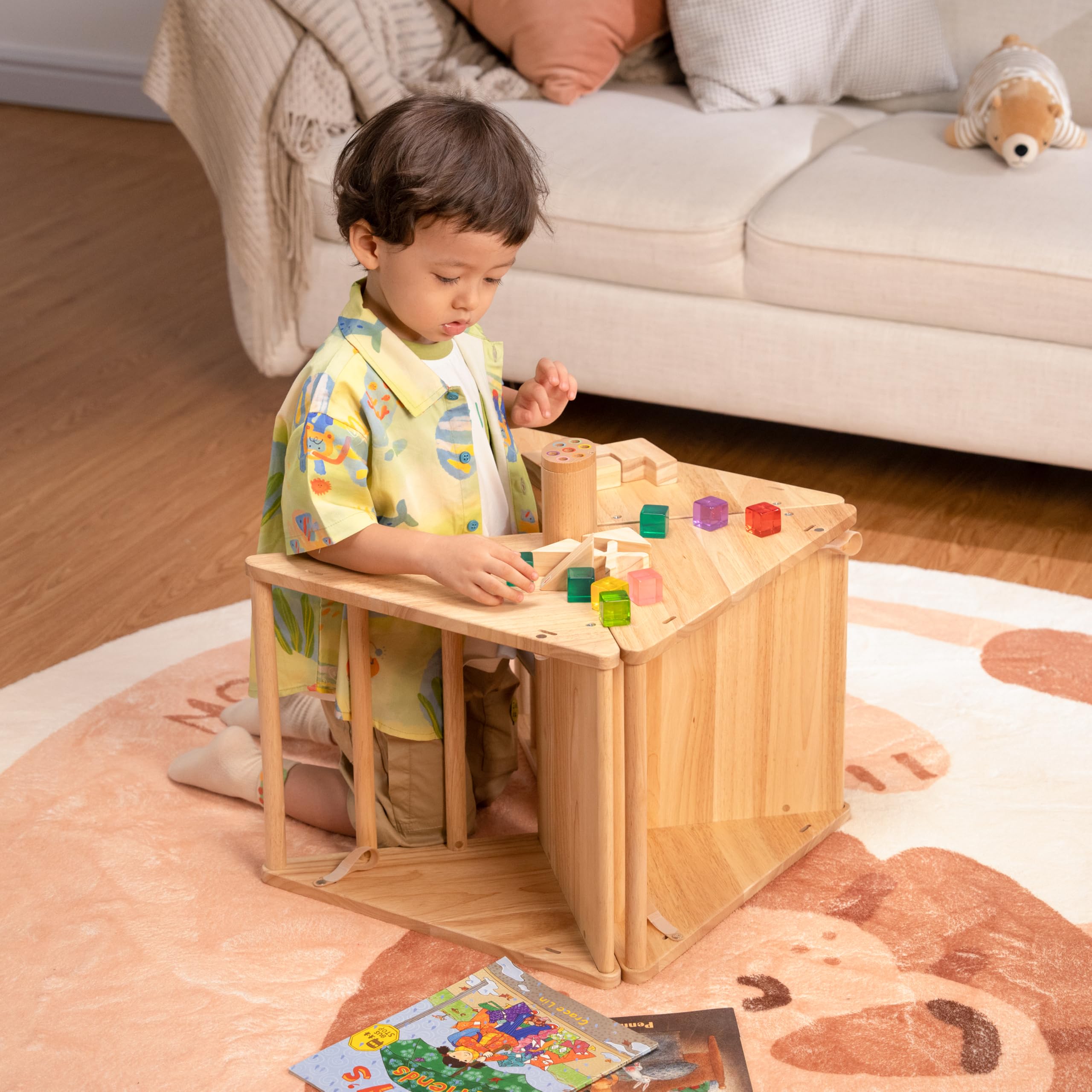 Wooden Kids Triangle Table and Chair Set - Convertible Single & Double Table with Mini Climbing Toys for Toddlers - Montessori Learning & Play Furniture for Reading, Climbing, and Indoor Activities