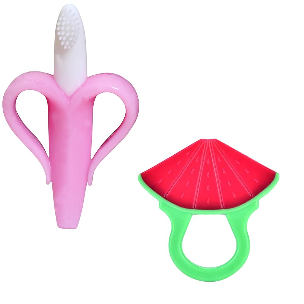 Kritiu Banana Shape Brush & Fruits Teether for Babies - Soft Silicone Teething Toy | BPA-Free, Easy to Clean, Safe & Non-Toxic (Pink & Watermelon Red) | Perfect for Soothing Sore Gums & Promoting Oral Development