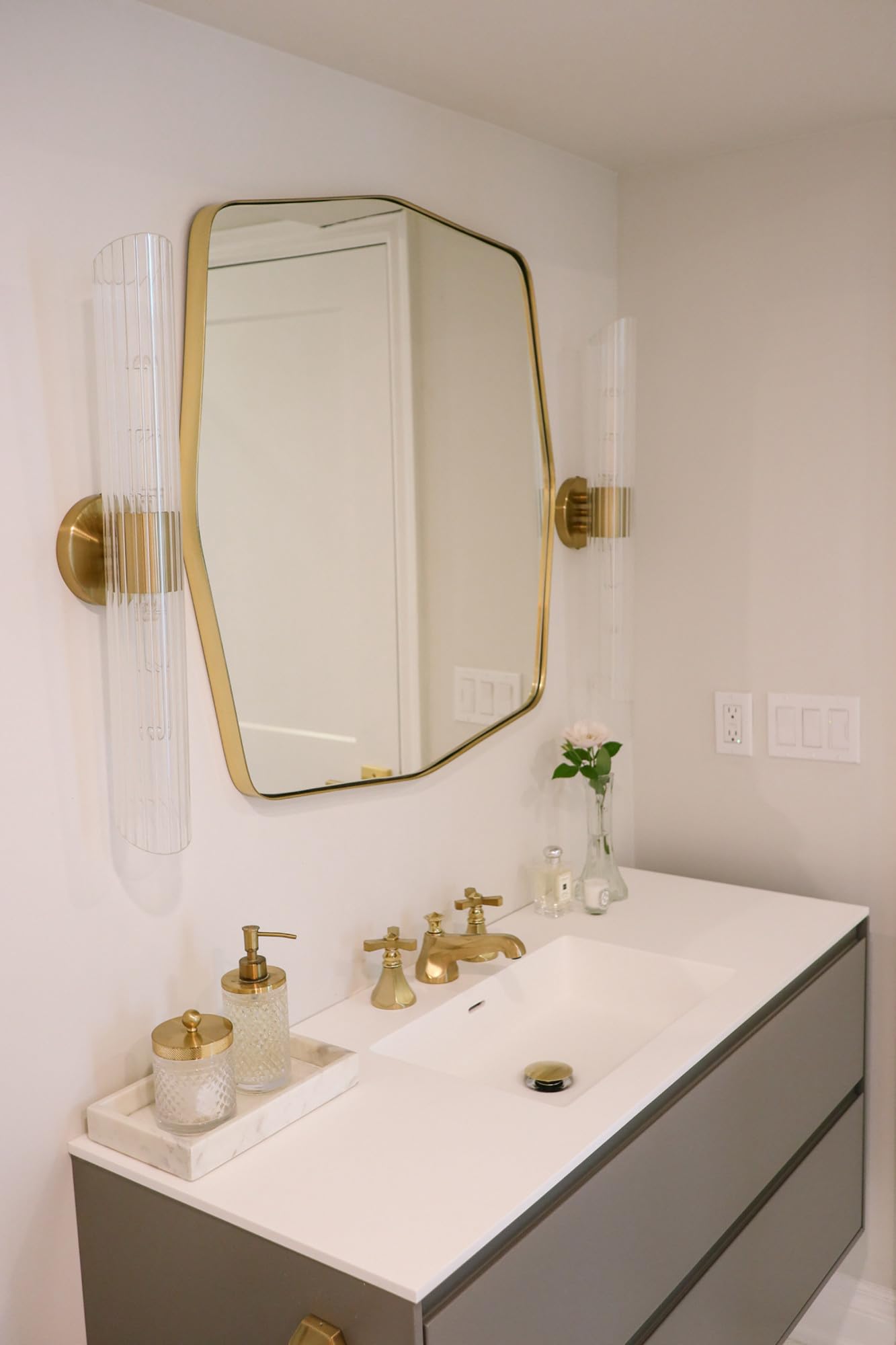 2-Light Aged Brass Vanity Light with Clear Fluted Glass Shades - Perfect for Bathroom, Powder Room, and Dressing Area Lighting