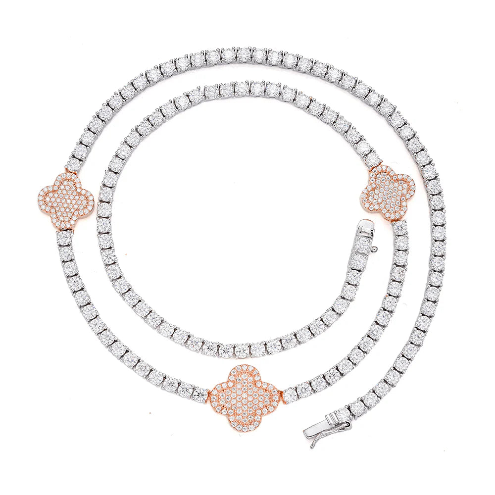 925 Sterling Silver Moissanite Clover Chain Necklace for Women - Elegant Rose Gold Tennis Necklace, Perfect for Casual Wear, Date Nights & Special Occasions