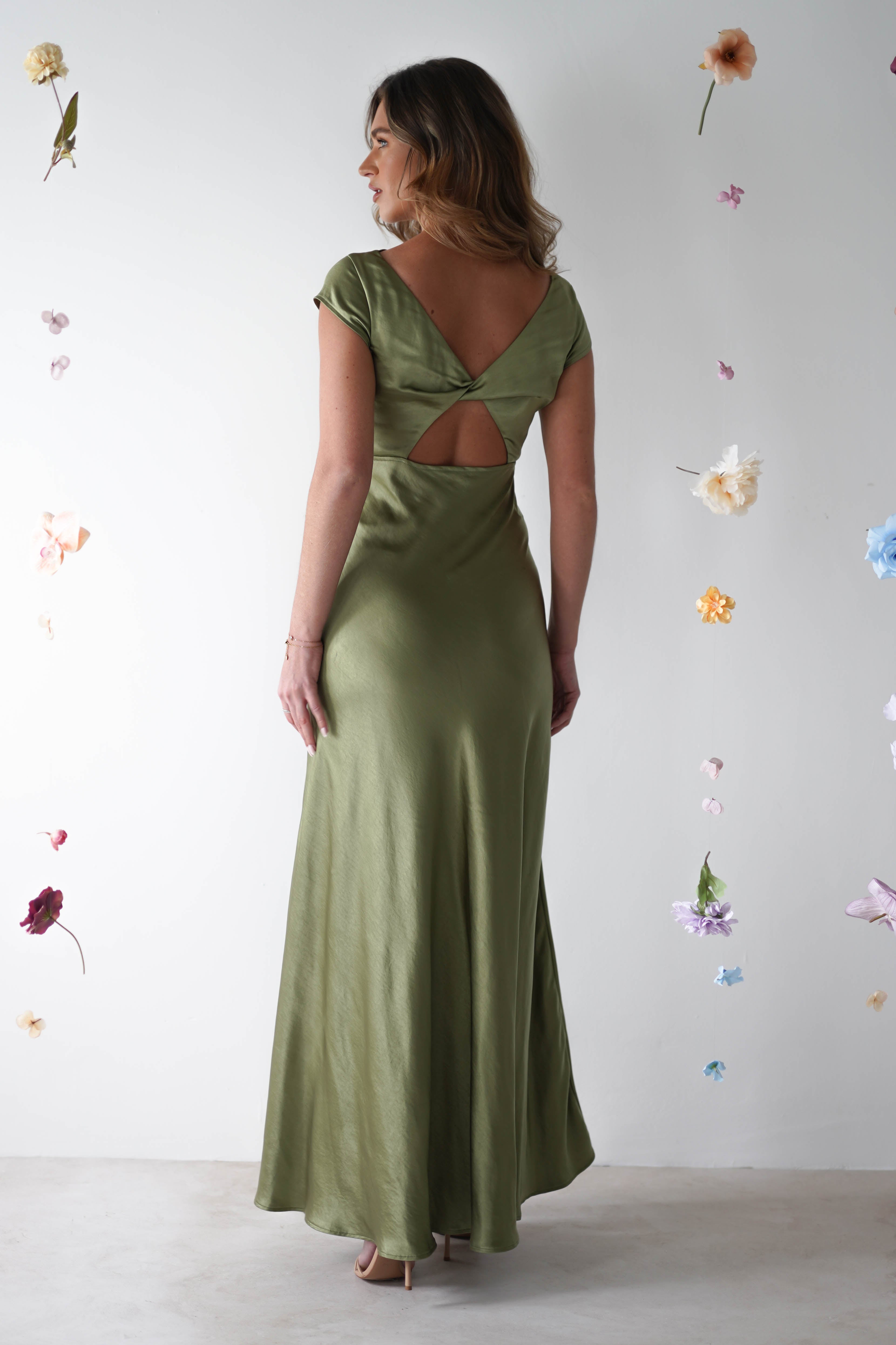 Ramona Soft Satin Maxi Dress for Women - Olive Green Long Flowy Evening Gown with Slit | Perfect for Weddings, Parties & Special Occasions