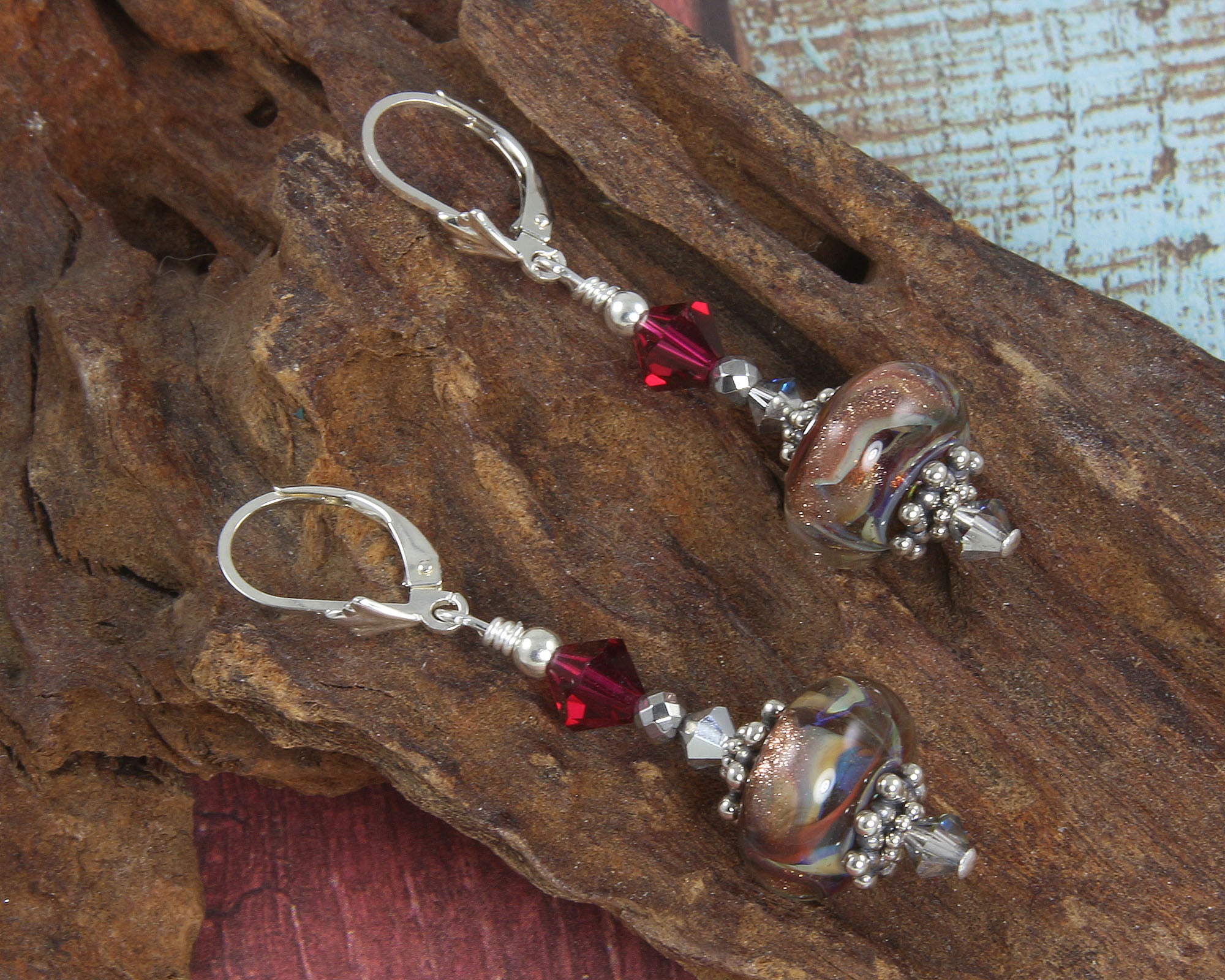 Ruby Shimmering Goldstone Lampwork Earrings - Handmade Boho Dangle Earrings for Women, Gift for Her | Perfect for Parties, Weddings & Special Occasions