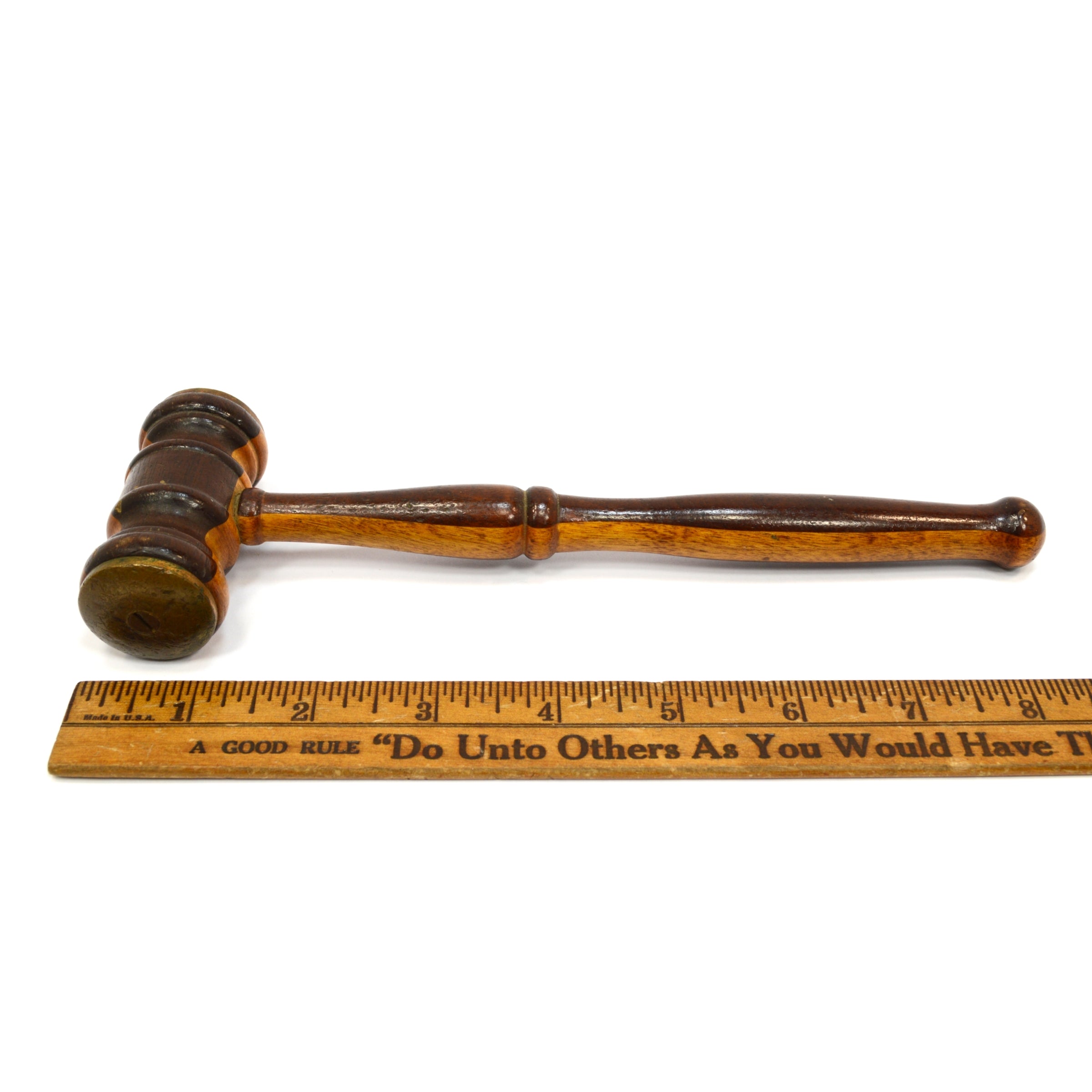 Antique 2-Tone Turned Hardwood Gavel - Mahogany & Oak with Brass Face Plates | Beautiful Courtroom & Auction Hammer for Judges, Collectors & Legal Professionals