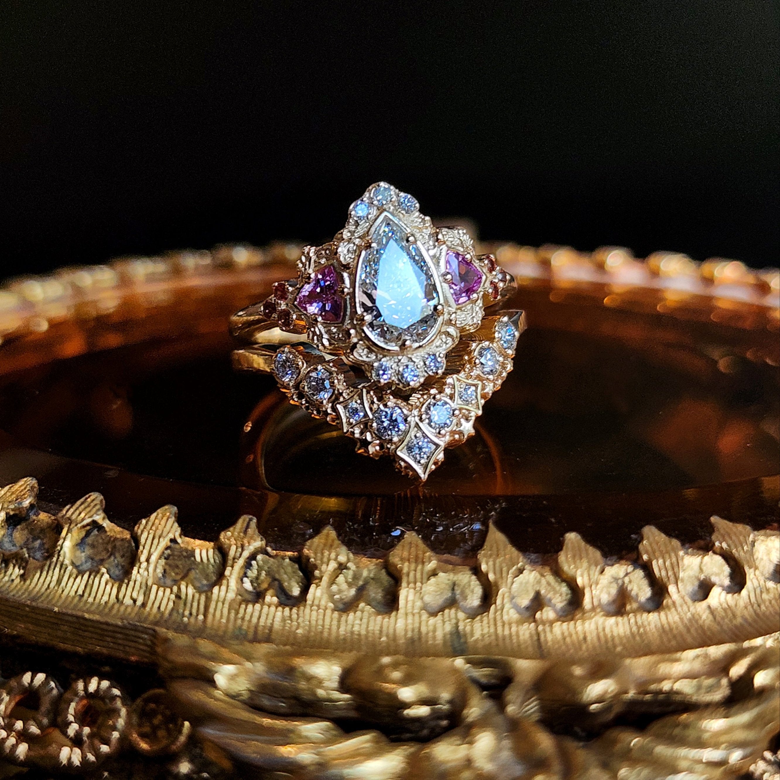 Ophelia Filigree Engagement Ring in 14k Gold with Trillion Cut Stones - Elegant Wedding Band for Proposals, Anniversaries & Romantic Occasions
