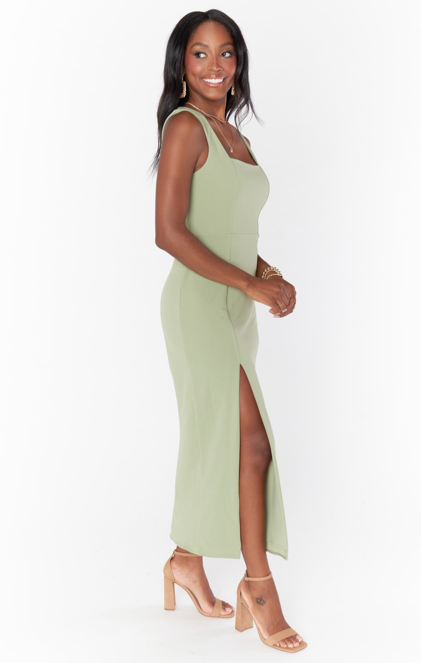 Eden Midi Dress for Women - Moss Green Stretch Fabric Flowy Summer Dress - Perfect for Casual Outings, Beach Vacations & Date Nights